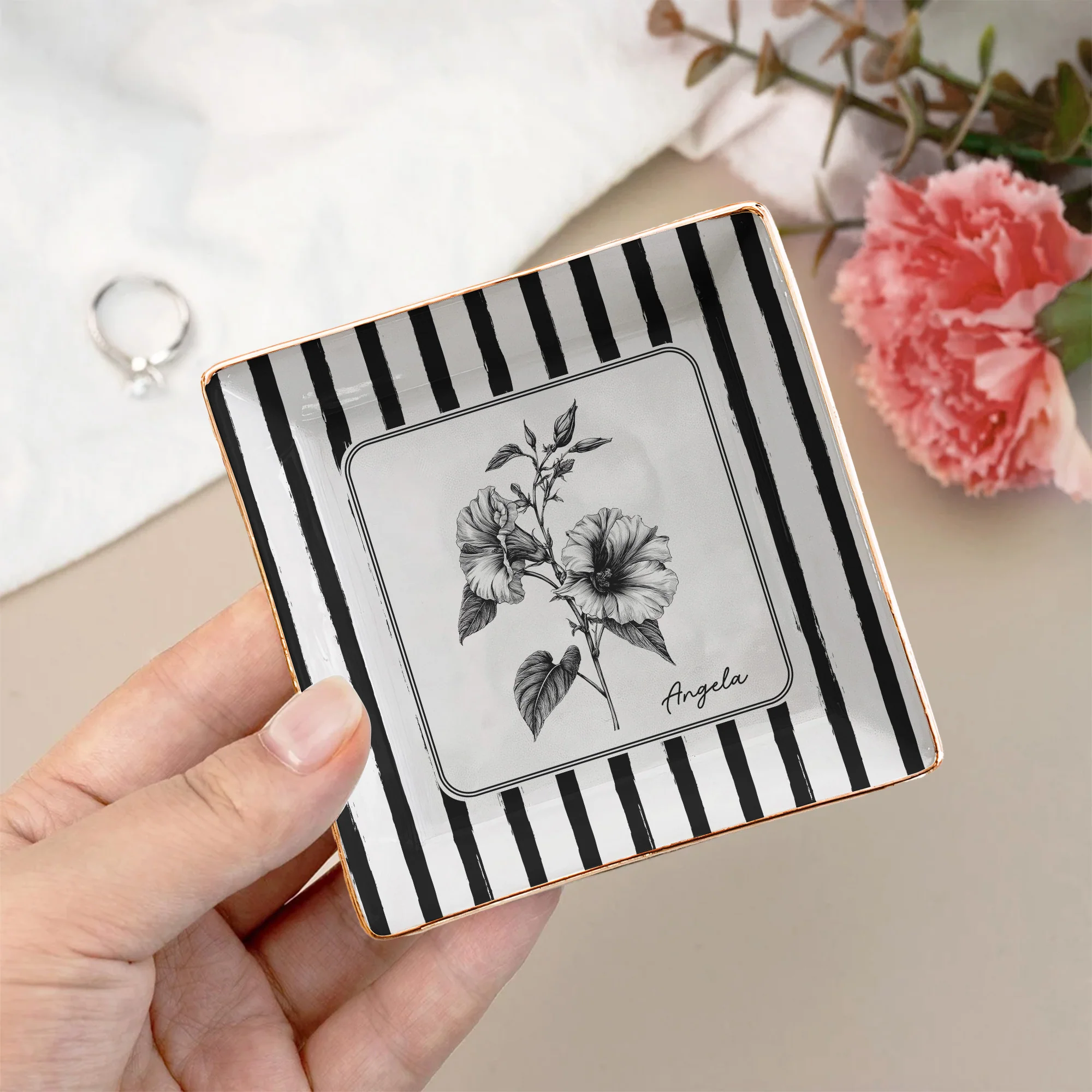 Stripes Birth Flower Custom Name Gift For Her - Personalized Jewelry Dish - Image 4