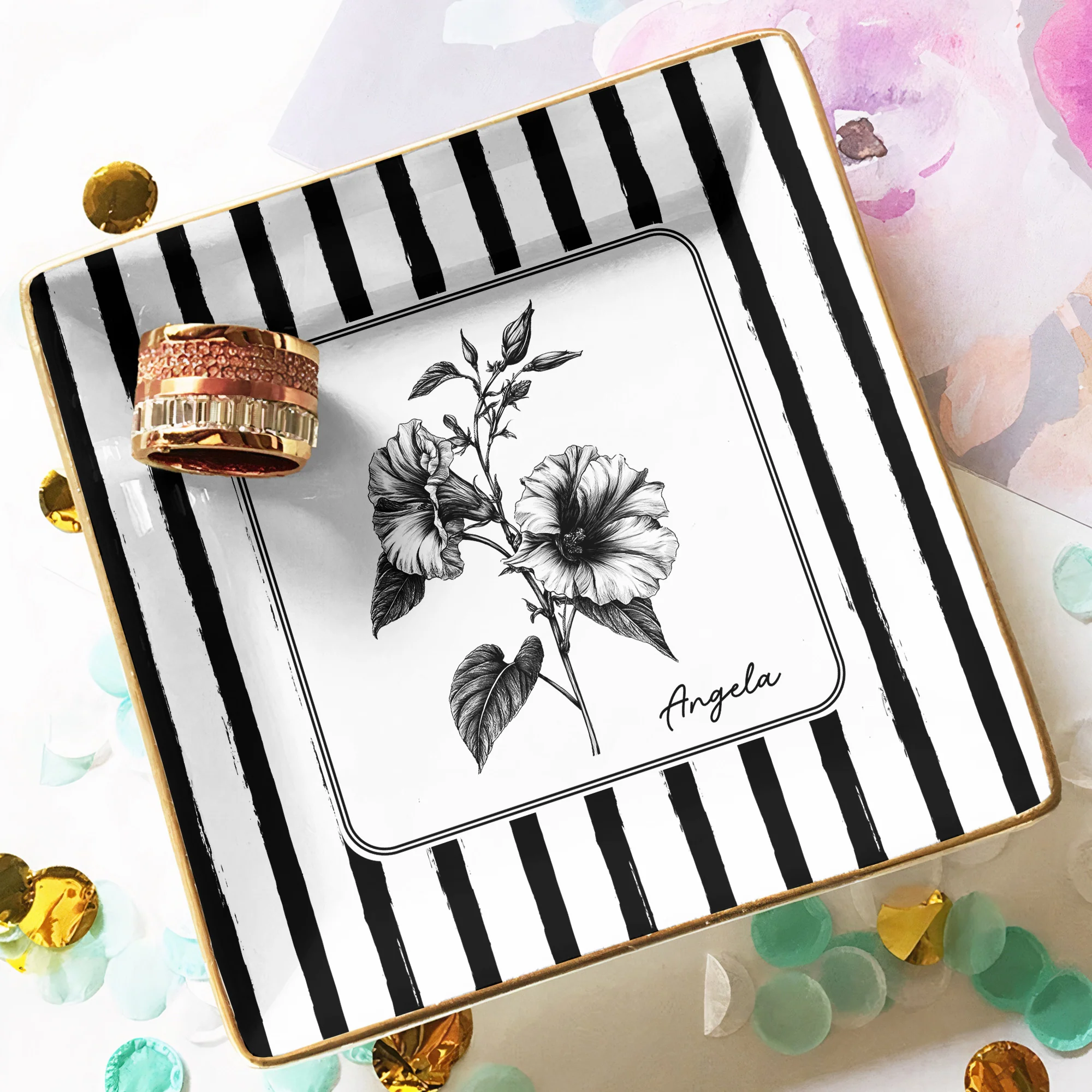 Stripes Birth Flower Custom Name Gift For Her - Personalized Jewelry Dish - Image 5