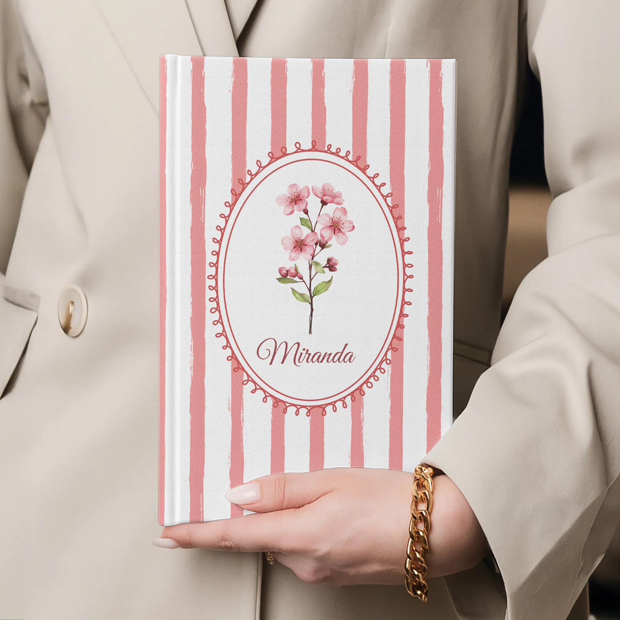 Stripes Girly Floral Journal Custom Birth Flower - Personalized Hardcover Journal - Image 7