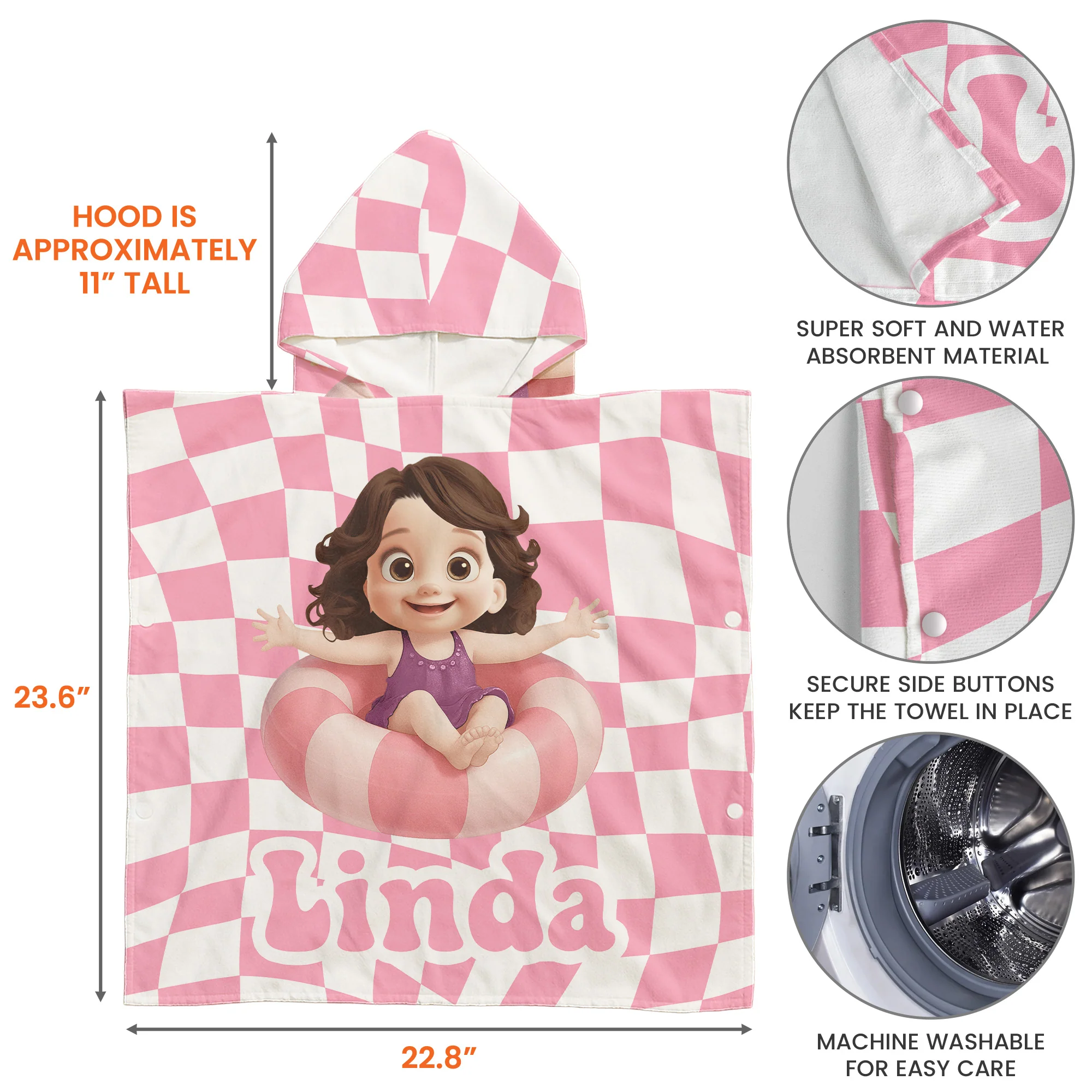 Summer Checkboard - Personalized Kids Hooded Towel - Image 6