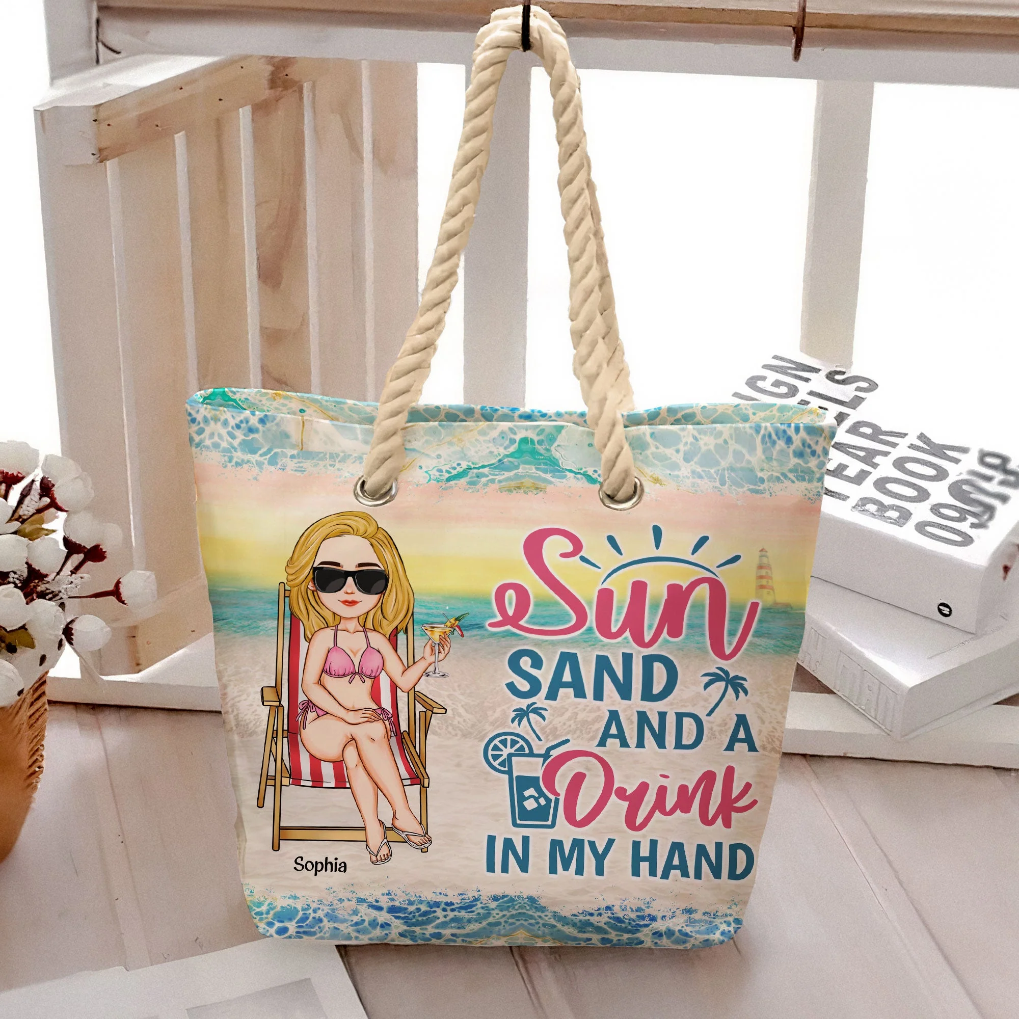 Sun, Sand And A Drink In My Hand - Personalized Beach Bag - Image 4