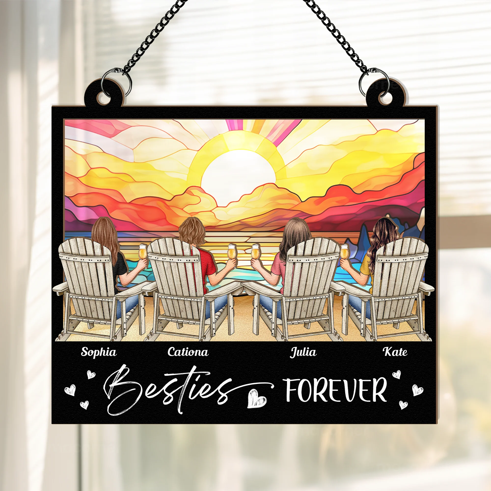 Sunset At The Beach Besties Forever - Personalized Window Hanging Suncatcher Ornament - Image 2