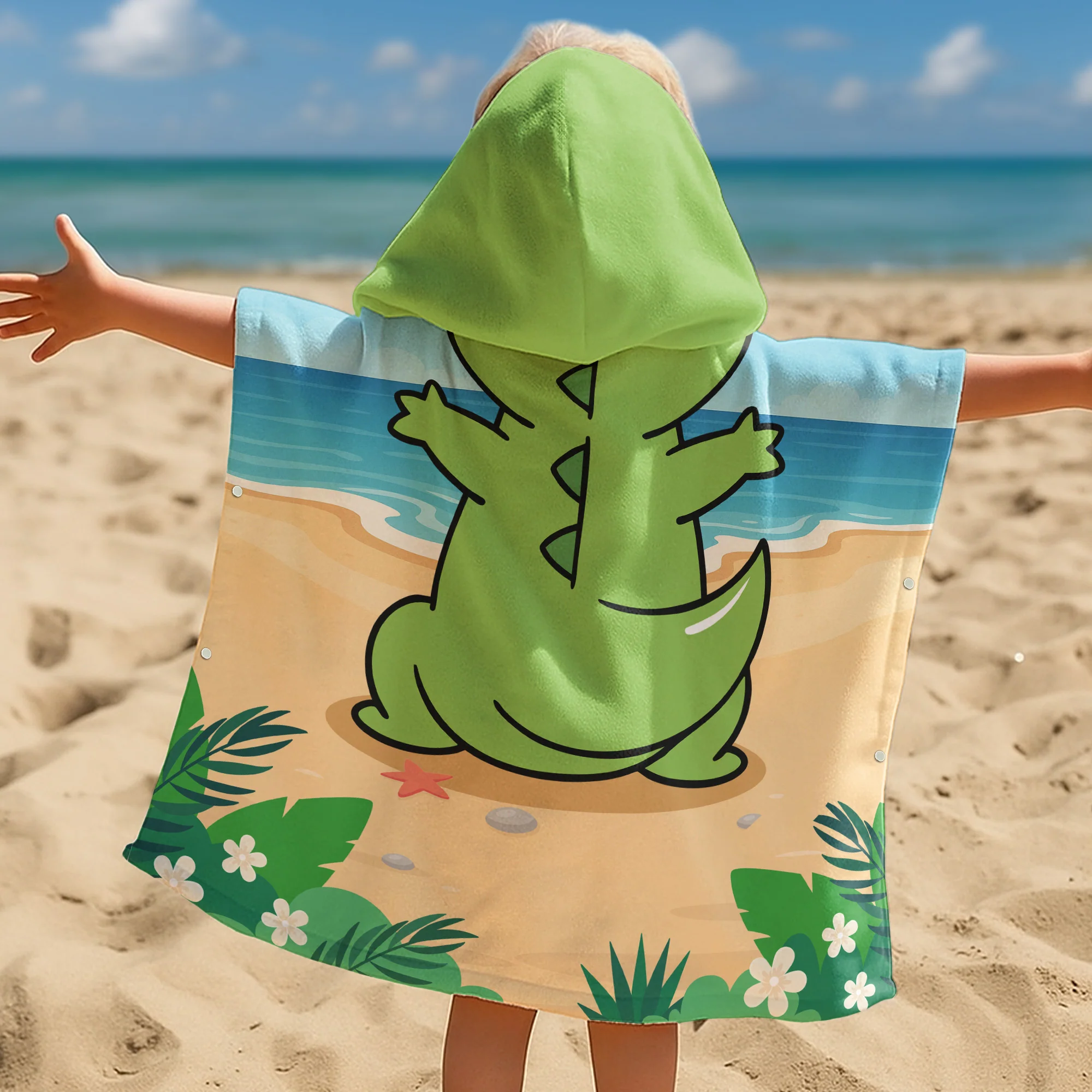 T-Rex, Dinosaur On The Beach - Personalized Kids Hooded Towel - Image 3