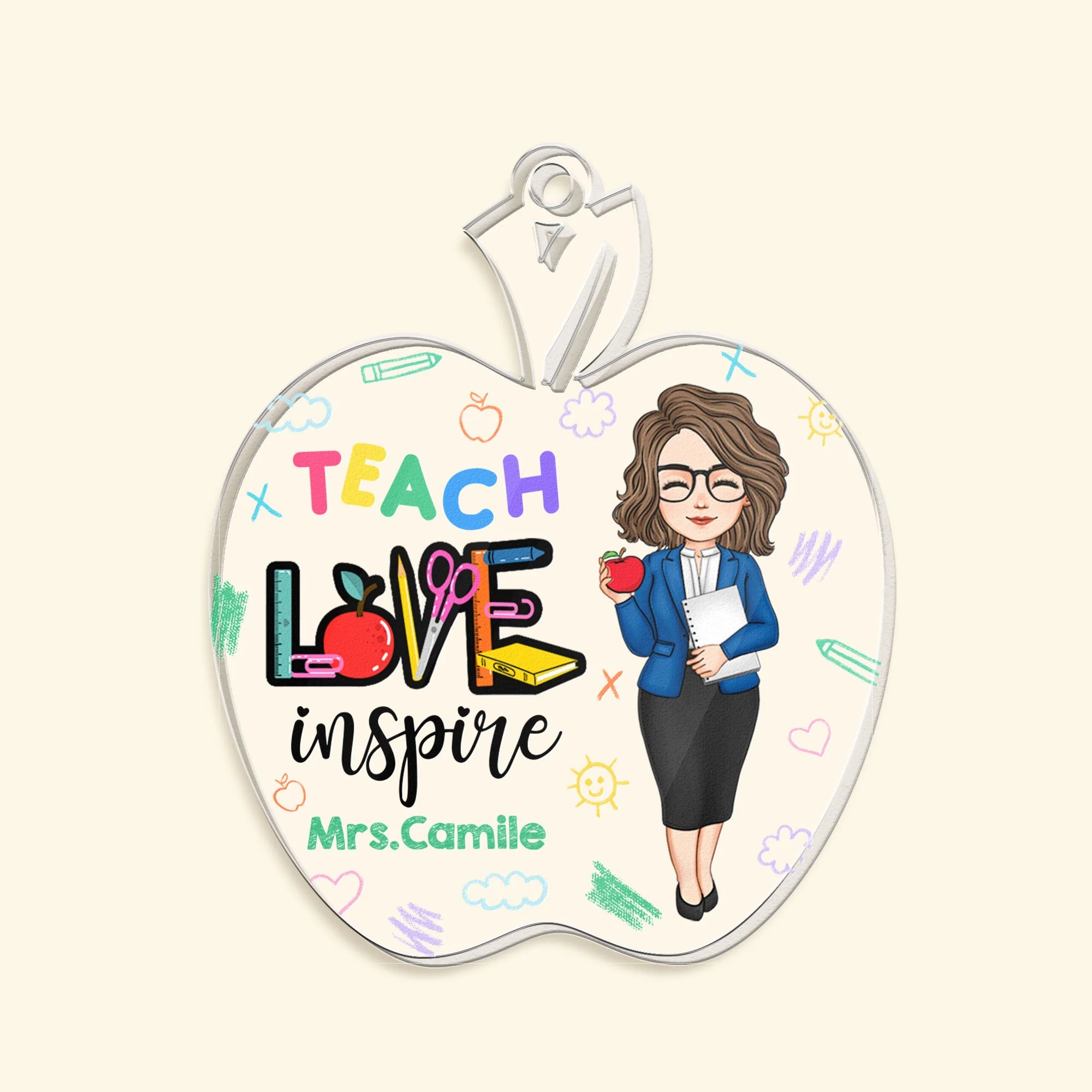 Teach Love Inspire Teacher Apple Shaped - Personalized Acrylic Keychain - Image 4