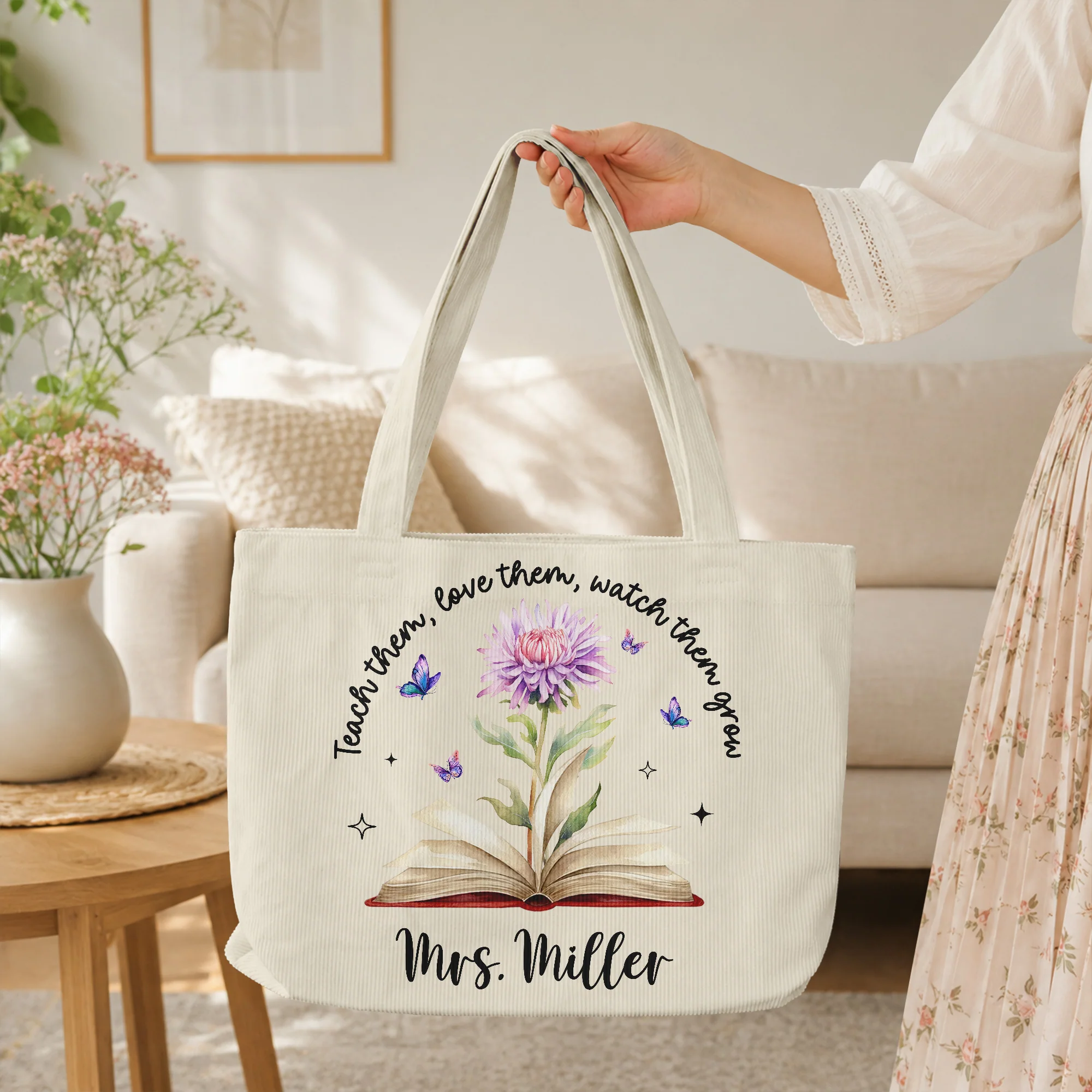 Teach Them, Love Them, Watch Them Grow Birth Month Flower - Personalized Tote Bag - Image 2