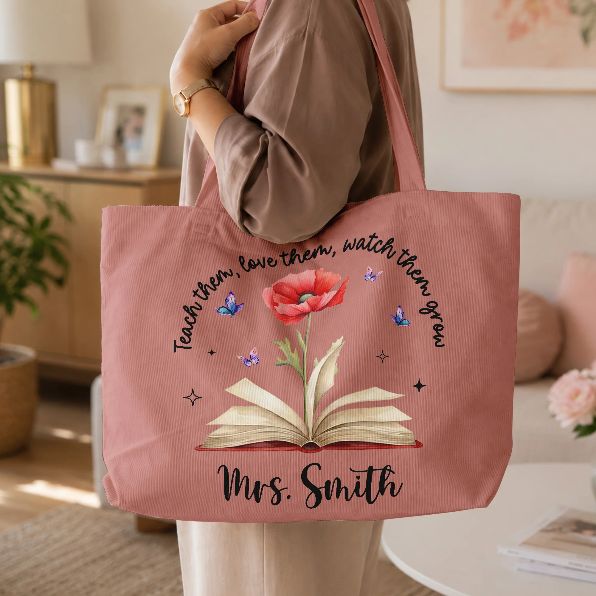Teach Them, Love Them, Watch Them Grow Birth Month Flower - Personalized Tote Bag - Image 3