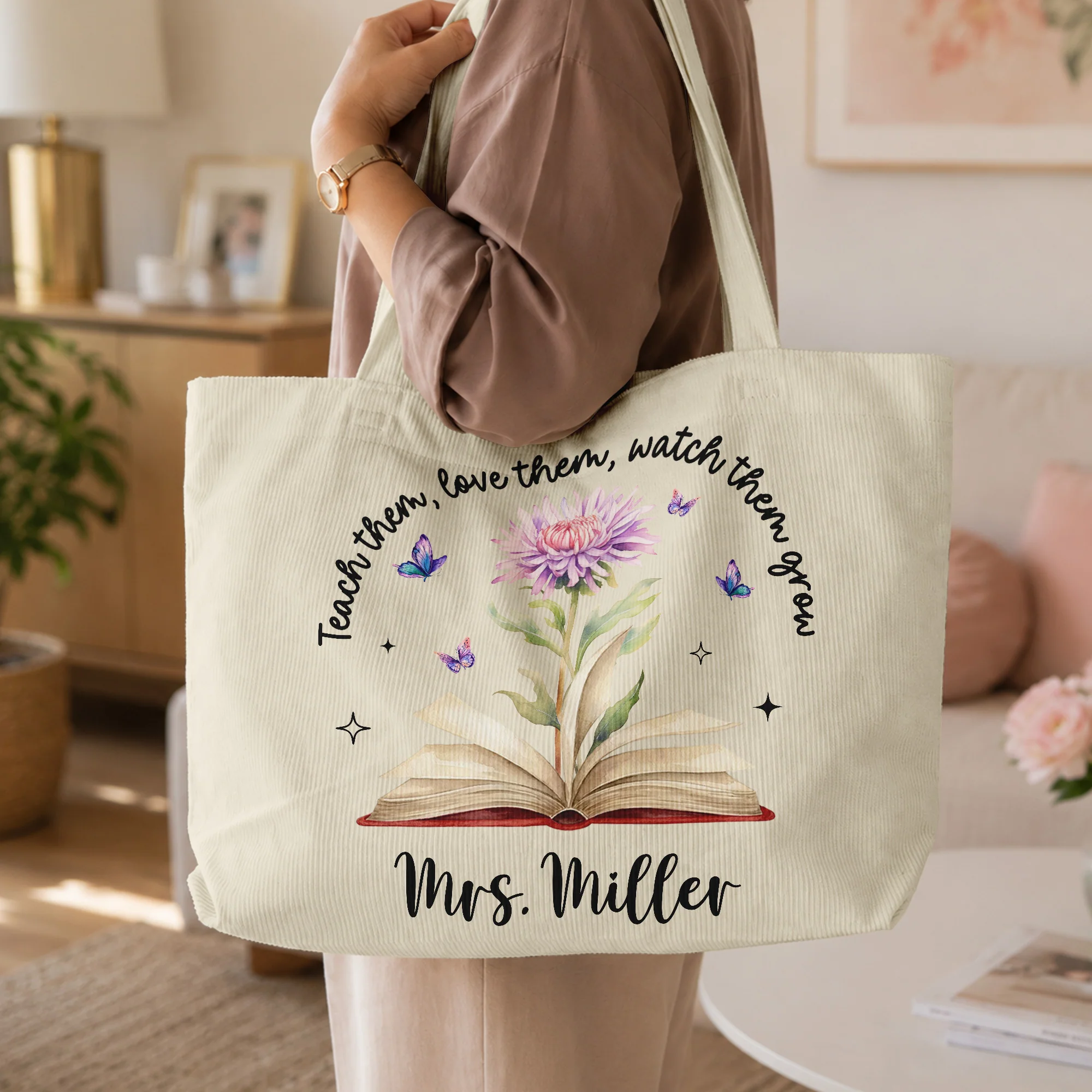 Teach Them, Love Them, Watch Them Grow Birth Month Flower - Personalized Tote Bag - Image 6
