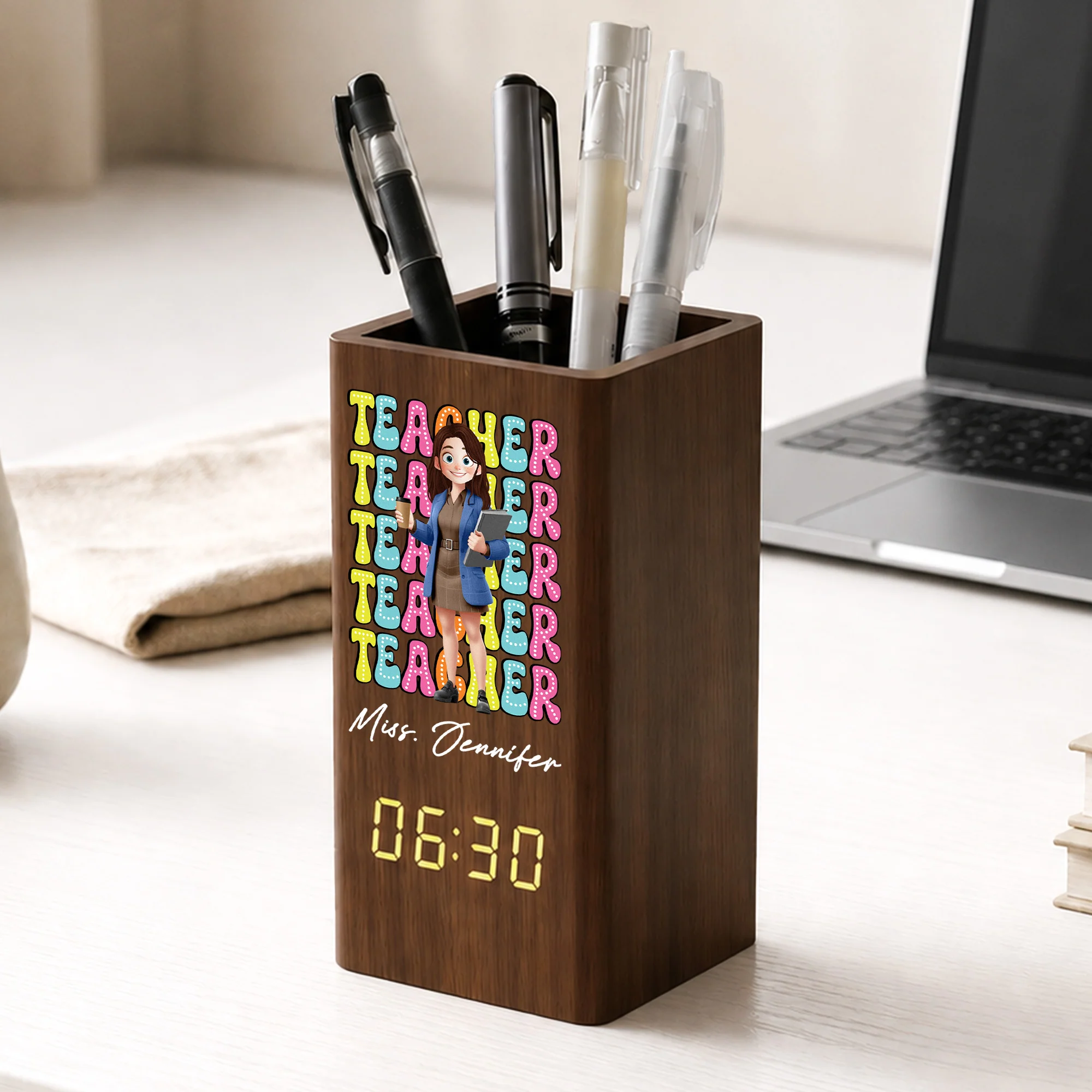 Teacher Cartoon Version - Personalized Pen Holder With Clock - Image 2