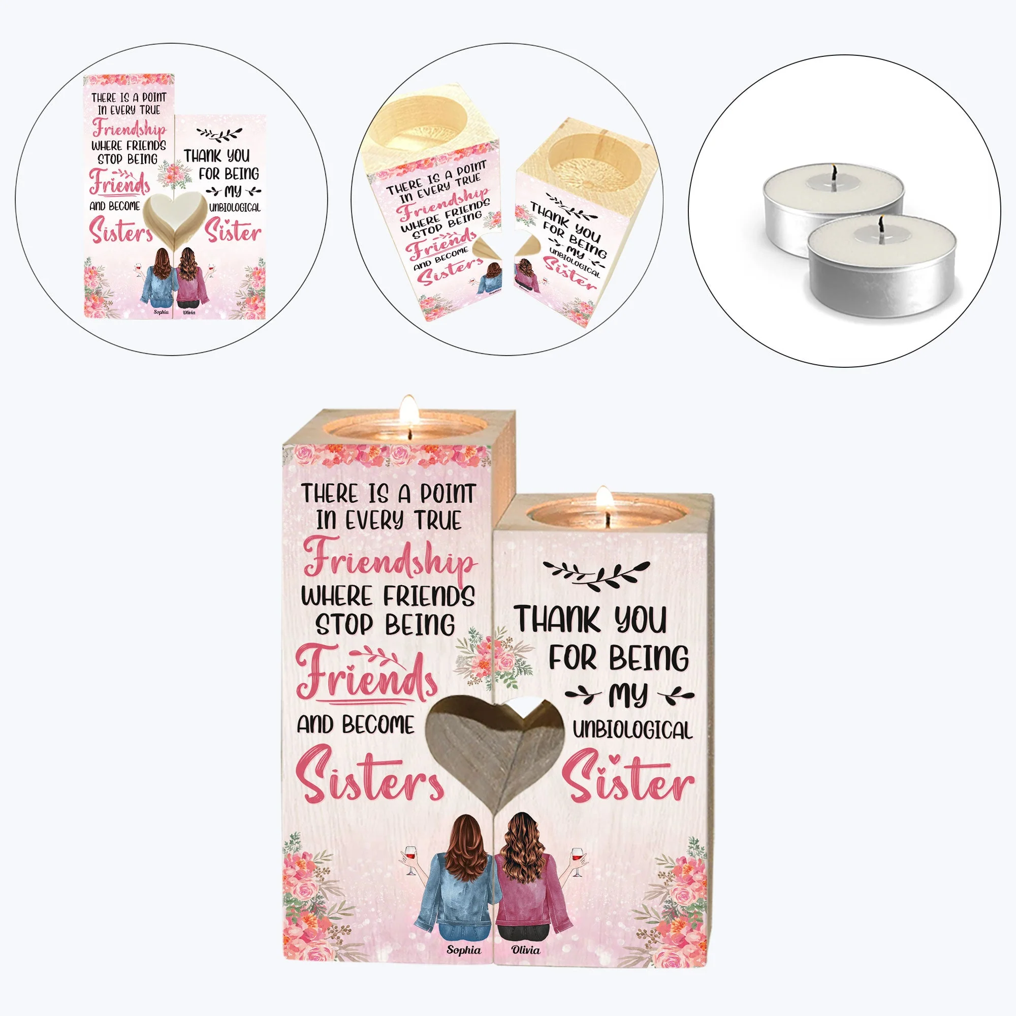 Thank You For Being My Unbiological Sister - Personalized Wood Candle Holder - Birthday, Loving Gift For Besties, Friends, BFFs, Sisters - Image 4