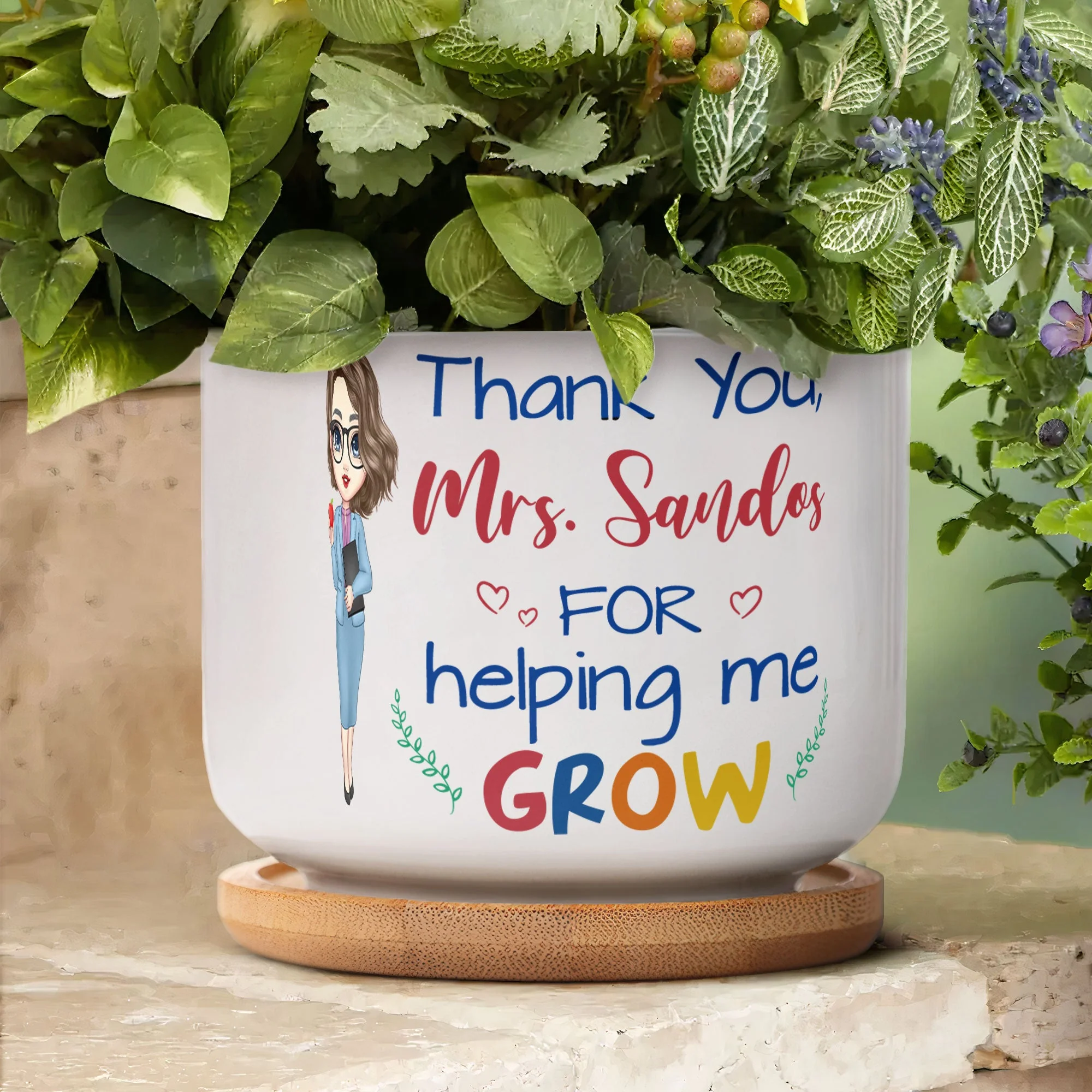 Thank You For Helping Me Grow - Personalized Ceramic Plant Pot With Tray - Image 5