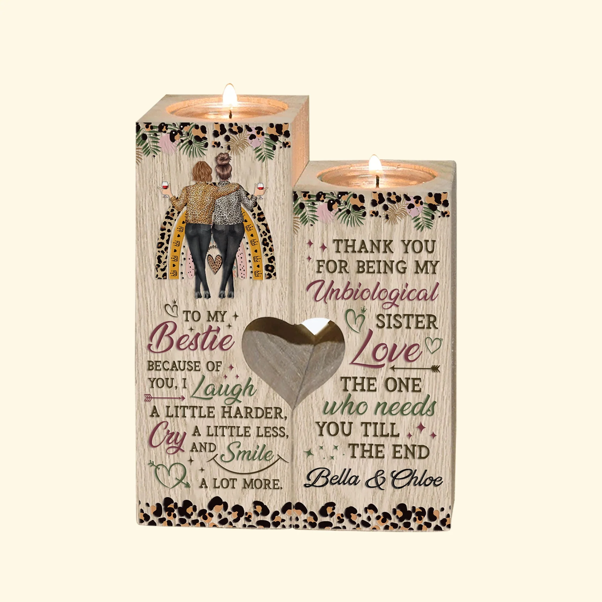 Thanks For Being My Unbiological Sister - Personalized Wood Candle Holder - Birthday, Heartwarming Gift For Besties, Friends, Soul Sisters, BFFs