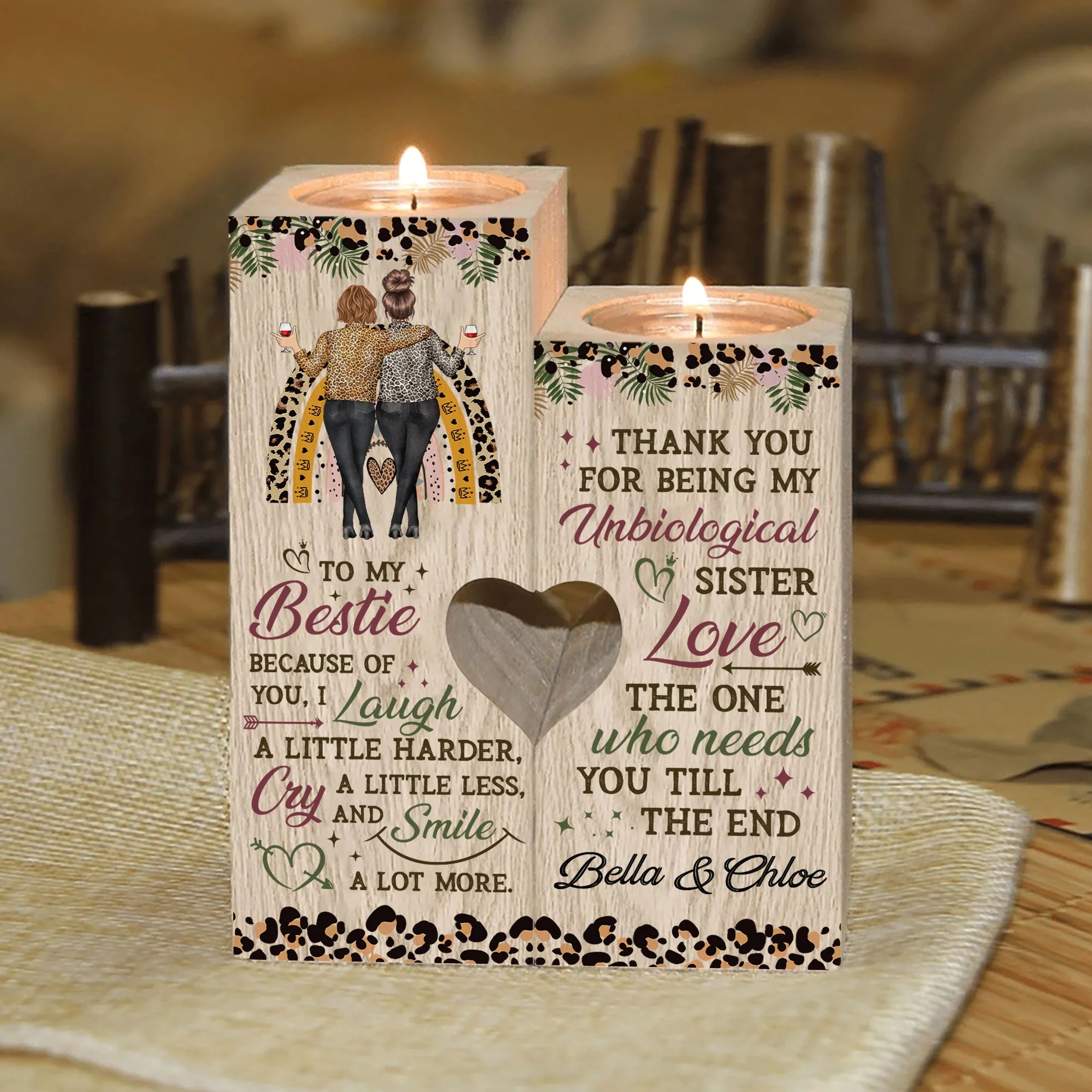 Thanks For Being My Unbiological Sister - Personalized Wood Candle Holder - Birthday, Heartwarming Gift For Besties, Friends, Soul Sisters, BFFs - Image 2