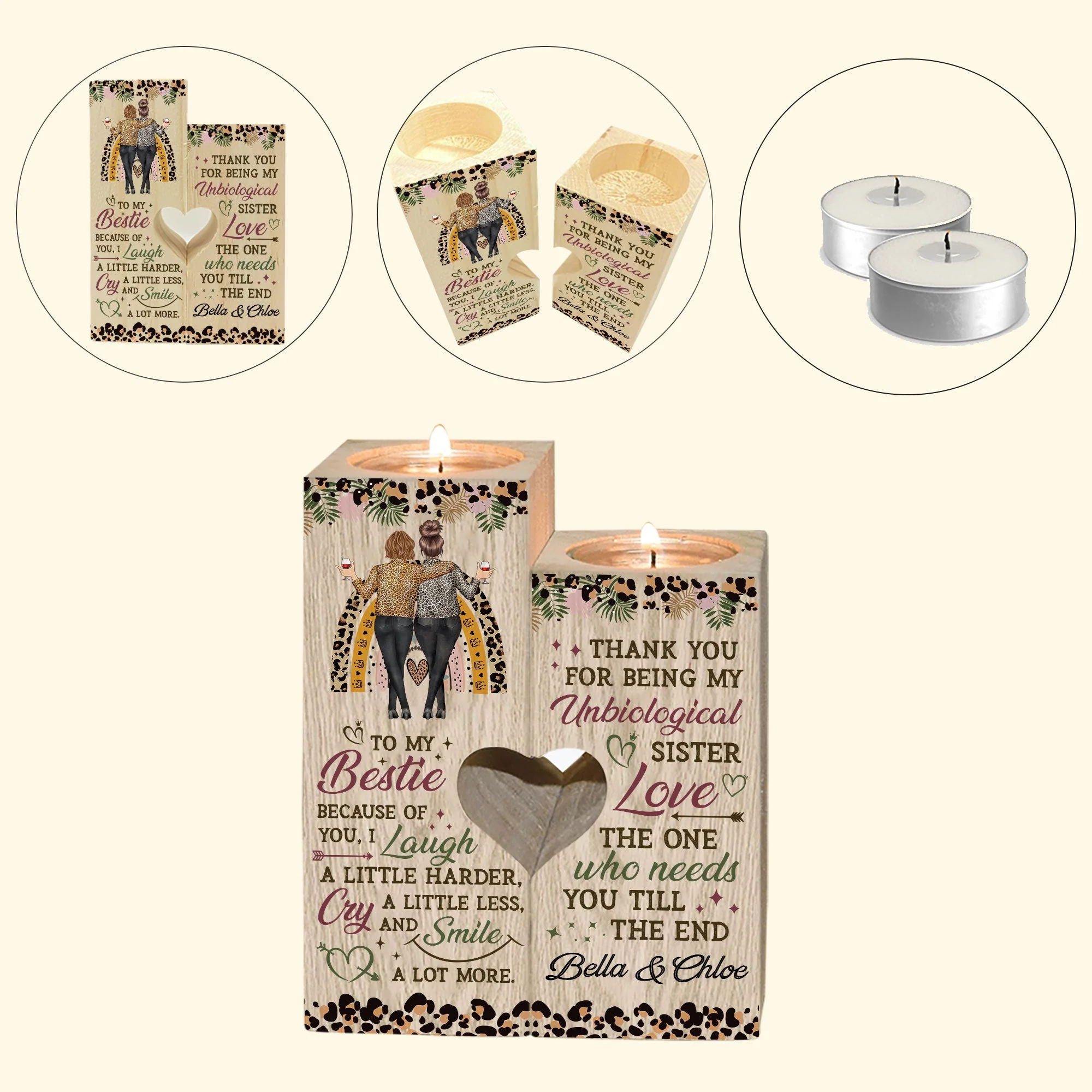 Thanks For Being My Unbiological Sister - Personalized Wood Candle Holder - Birthday, Heartwarming Gift For Besties, Friends, Soul Sisters, BFFs - Image 5