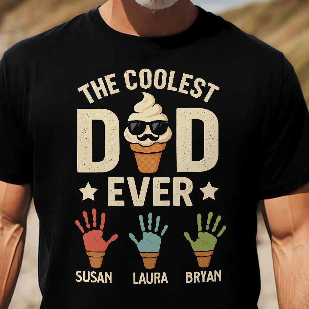 The Coolest Dad Ever Custom Kids Names Handprint - Personalized Shirt - Image 3