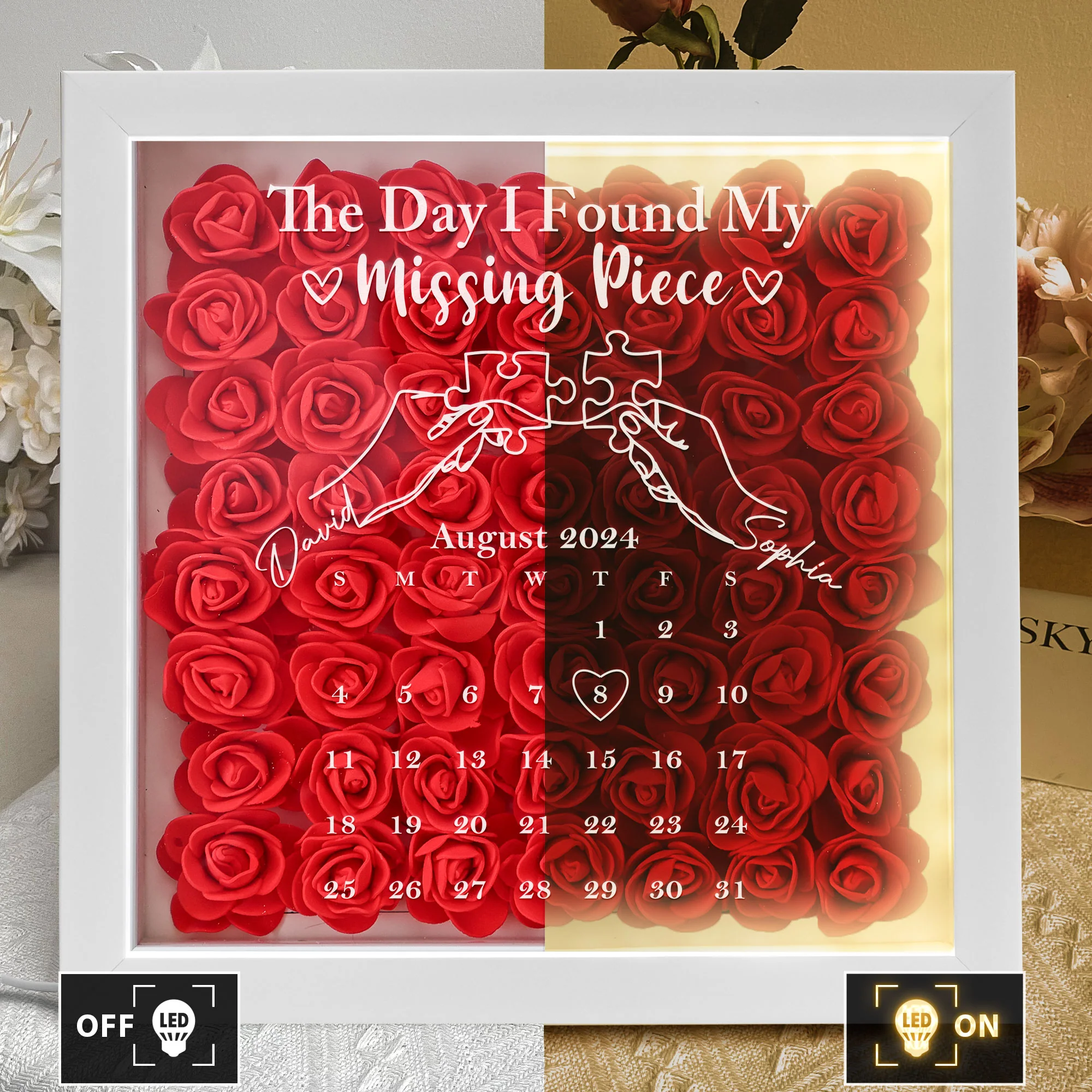The Day I Found My Missing Piece - Custom Date - Personalized Flower Shadow Box With LED Light - Image 3