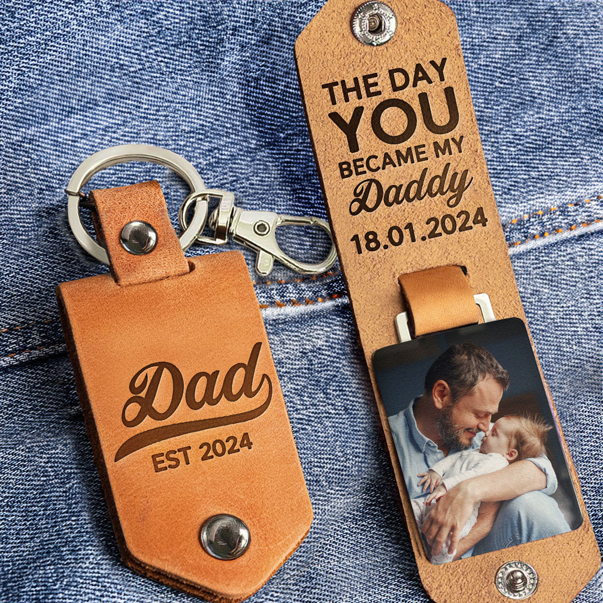 The Day You Became My Daddy First Time Dad - Personalized Leather Photo Keychain - Image 2