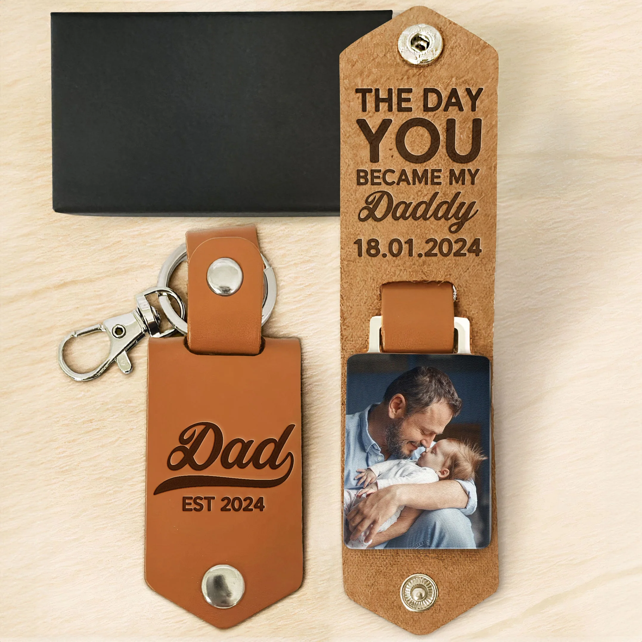 The Day You Became My Daddy First Time Dad - Personalized Leather Photo Keychain - Image 5