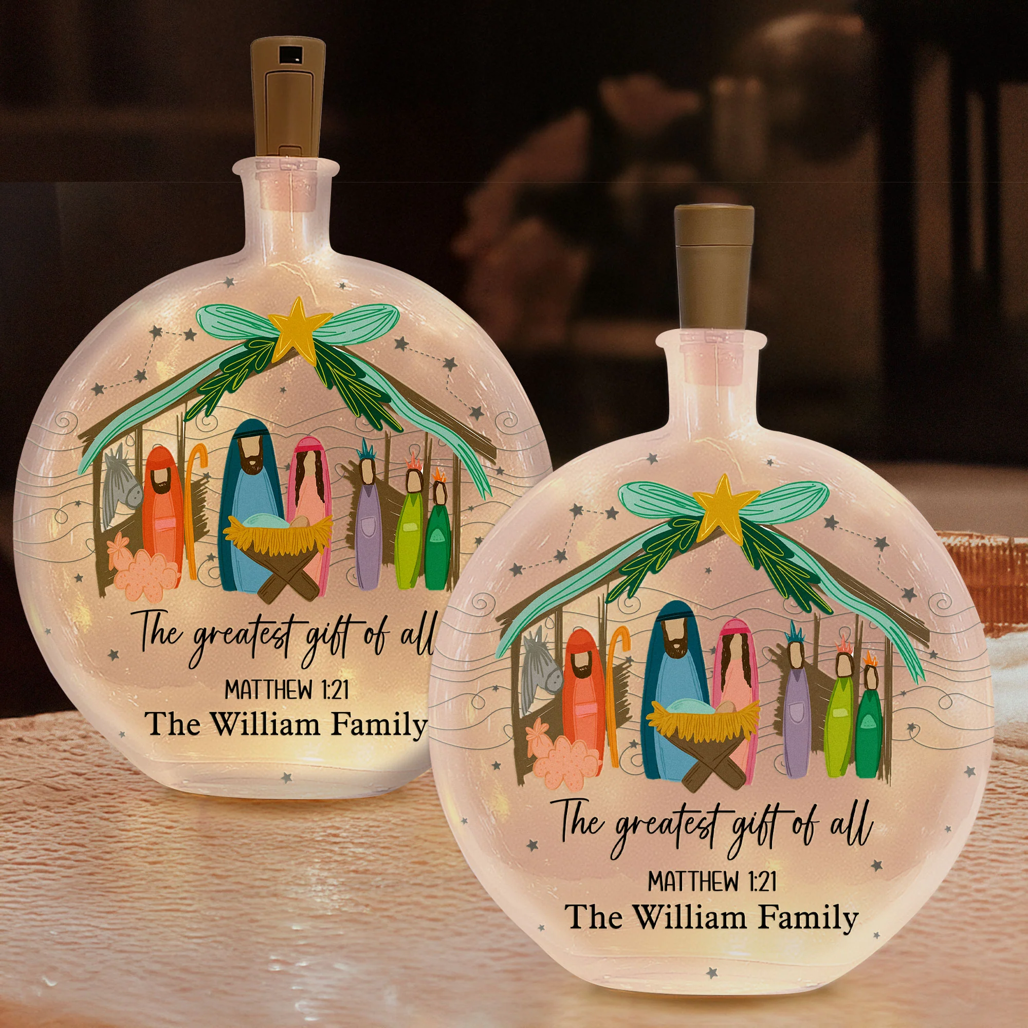 The Greatest Gift Of All Christmas Nativity Scene - Personalized Round Flat Bottle Light - Image 2