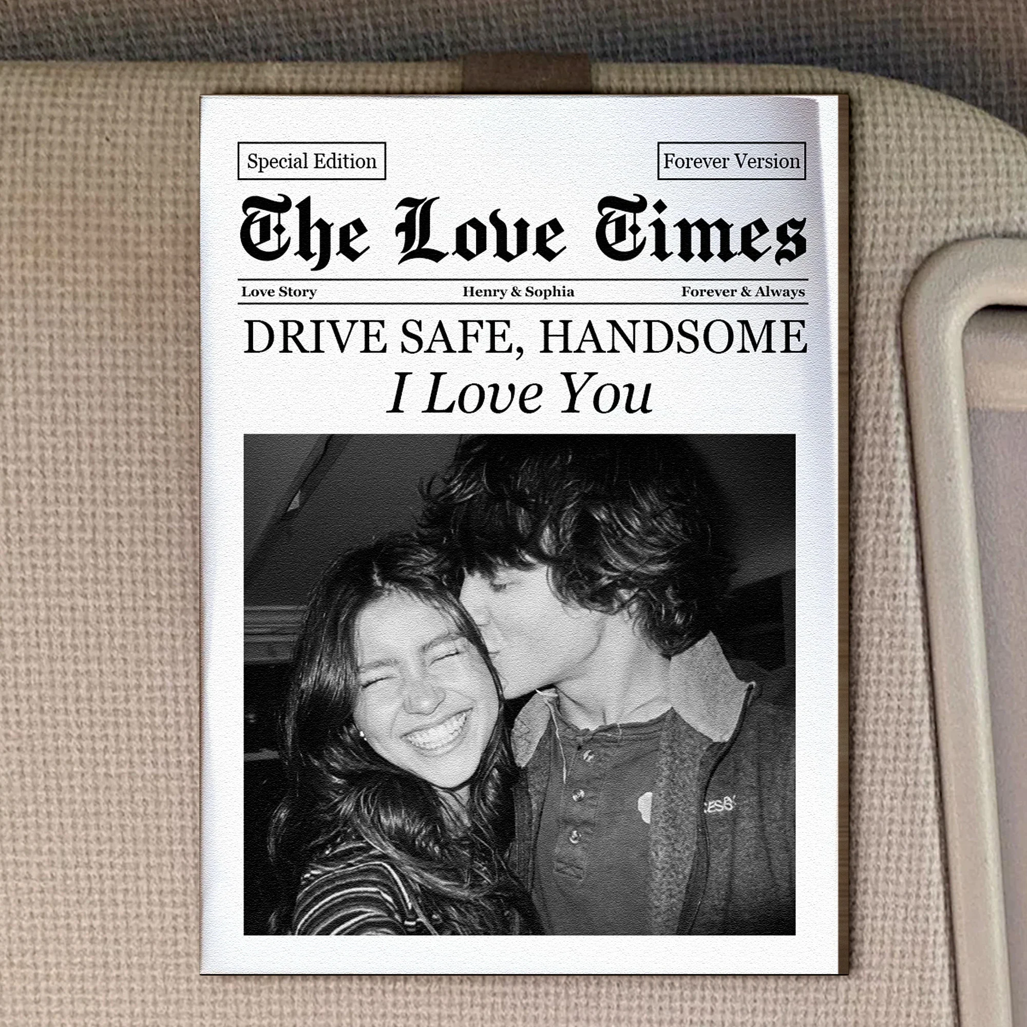 The Love Times Newspaper Drive Safe For Husband, Daddy, Family - Personalized Car Visor Clip - Image 2