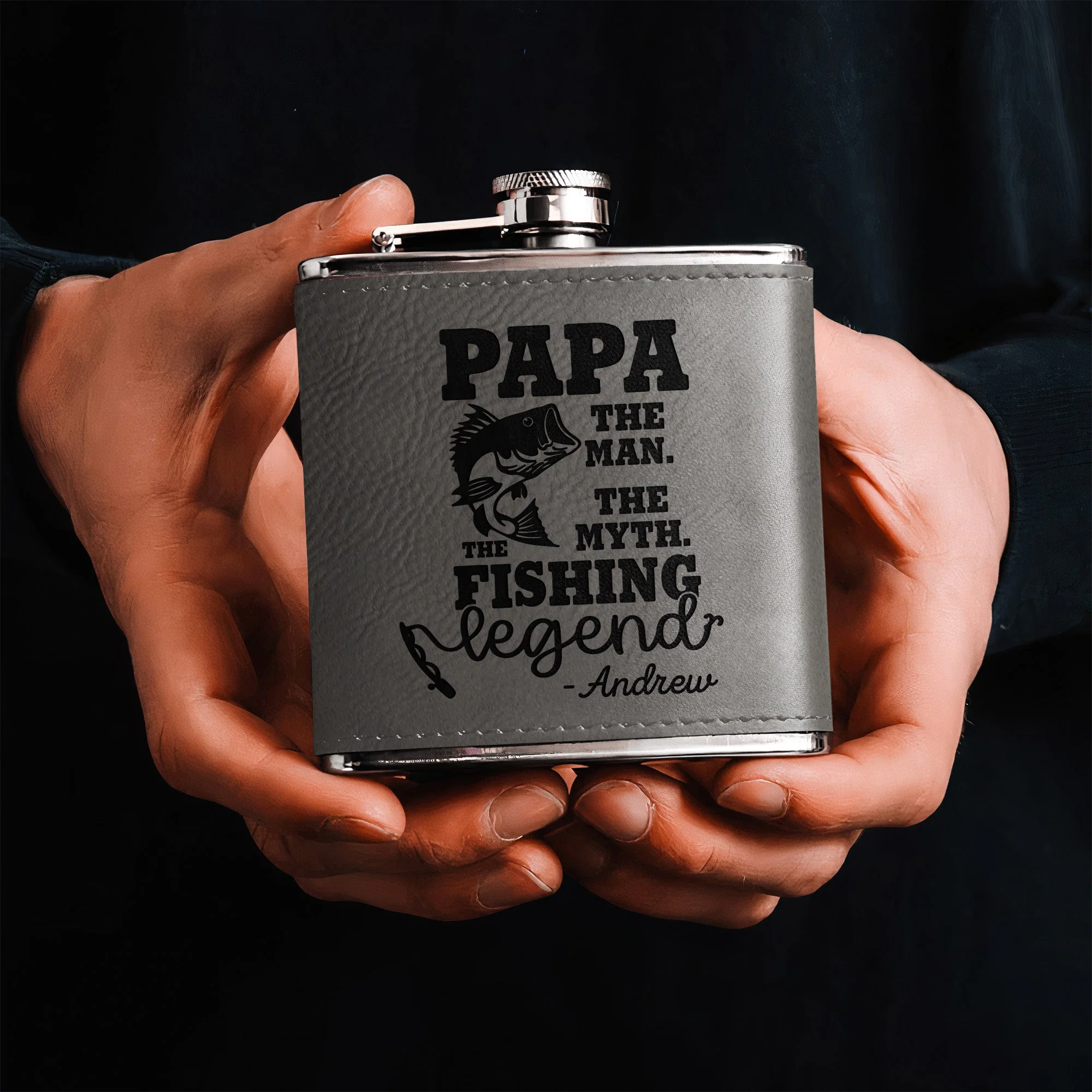 The Man The Myth The Fishing Legend - Personalized Leather Flask - Image 3