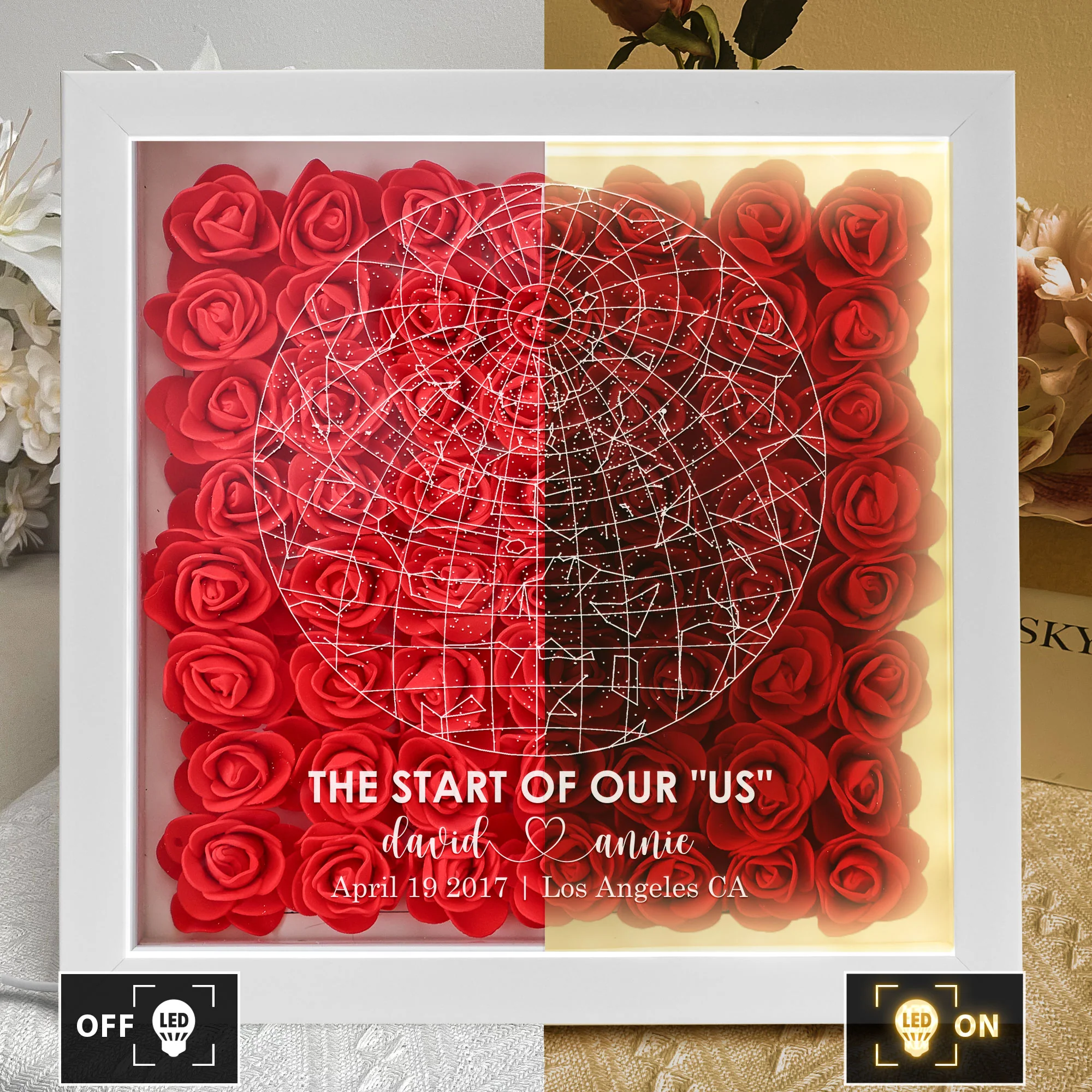 The Night Our Love Story Began Custom Star Map - Personalized Flower Shadow Box With LED Light - Image 3