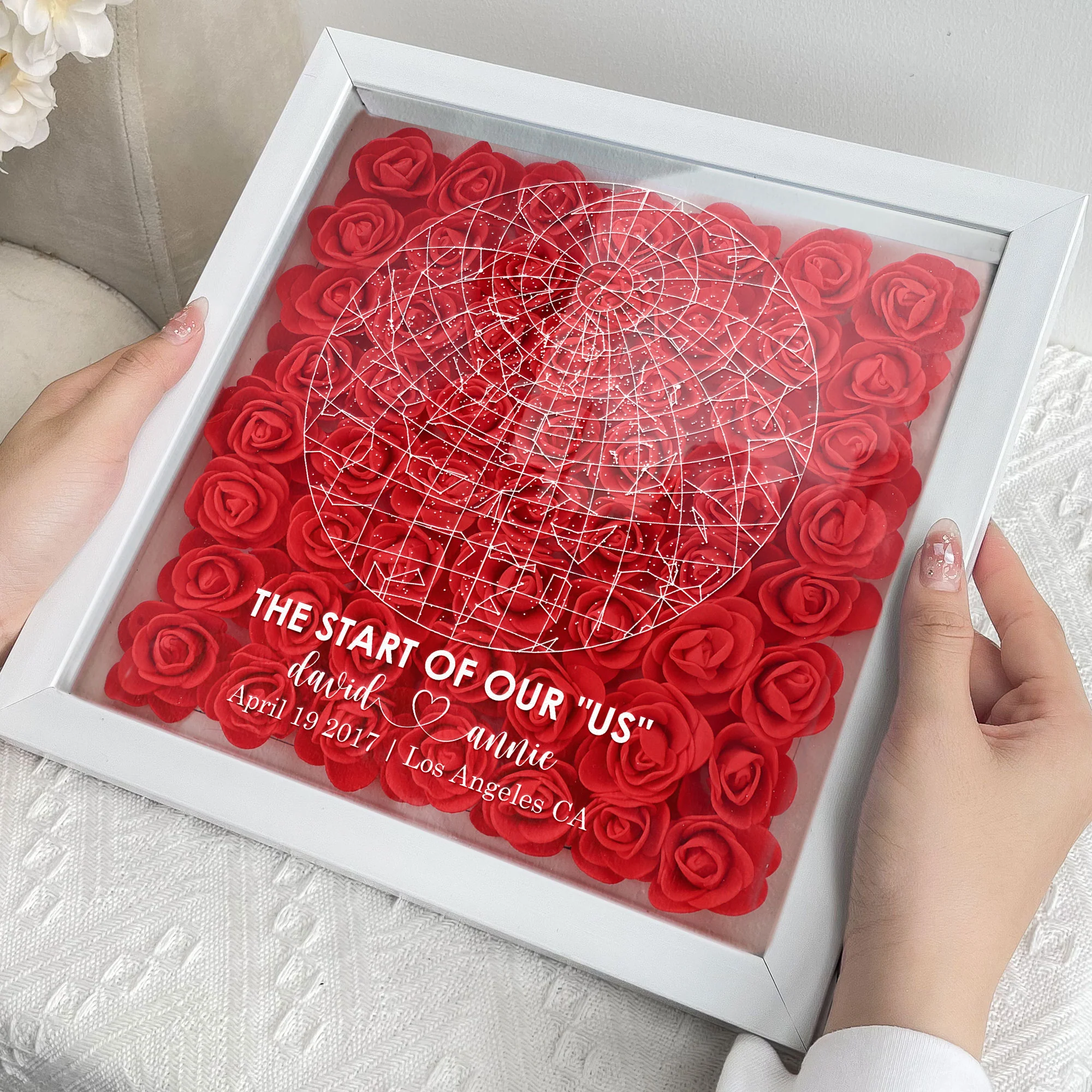 The Night Our Love Story Began Custom Star Map - Personalized Flower Shadow Box With LED Light - Image 4