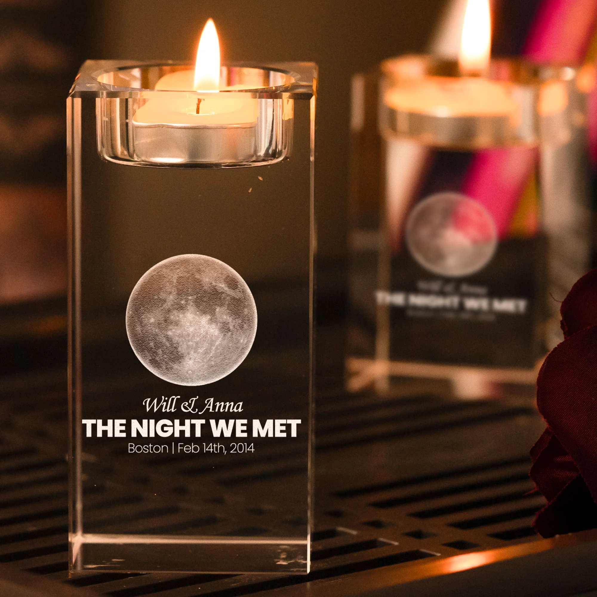 The Night Our Story Began Custom Moon Phase - Personalized 2D Crystal Candle Holder - Image 5