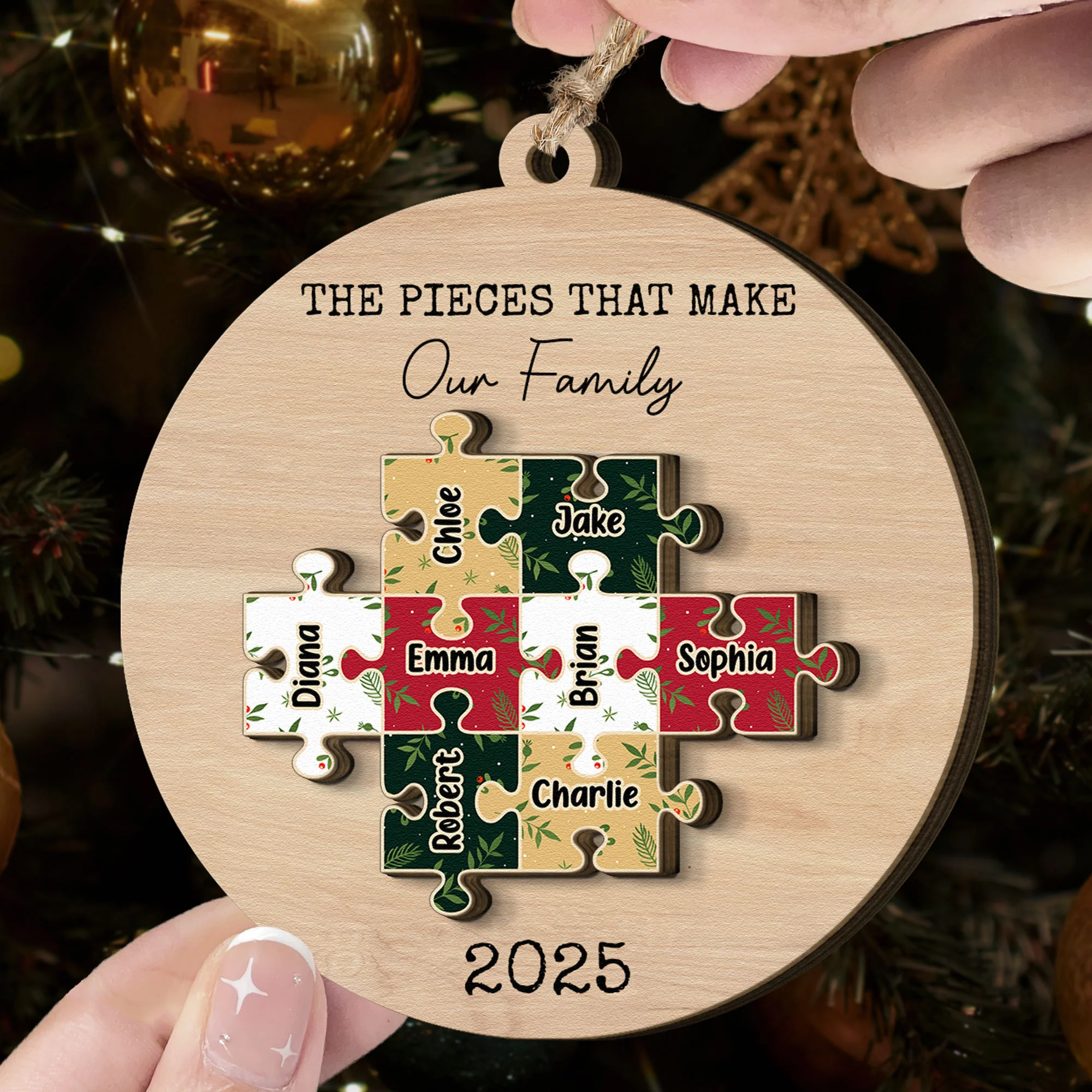 The Pieces That Make Our Family Christmas 2 Layers Ornament - Personalized Wooden Ornament - Image 3