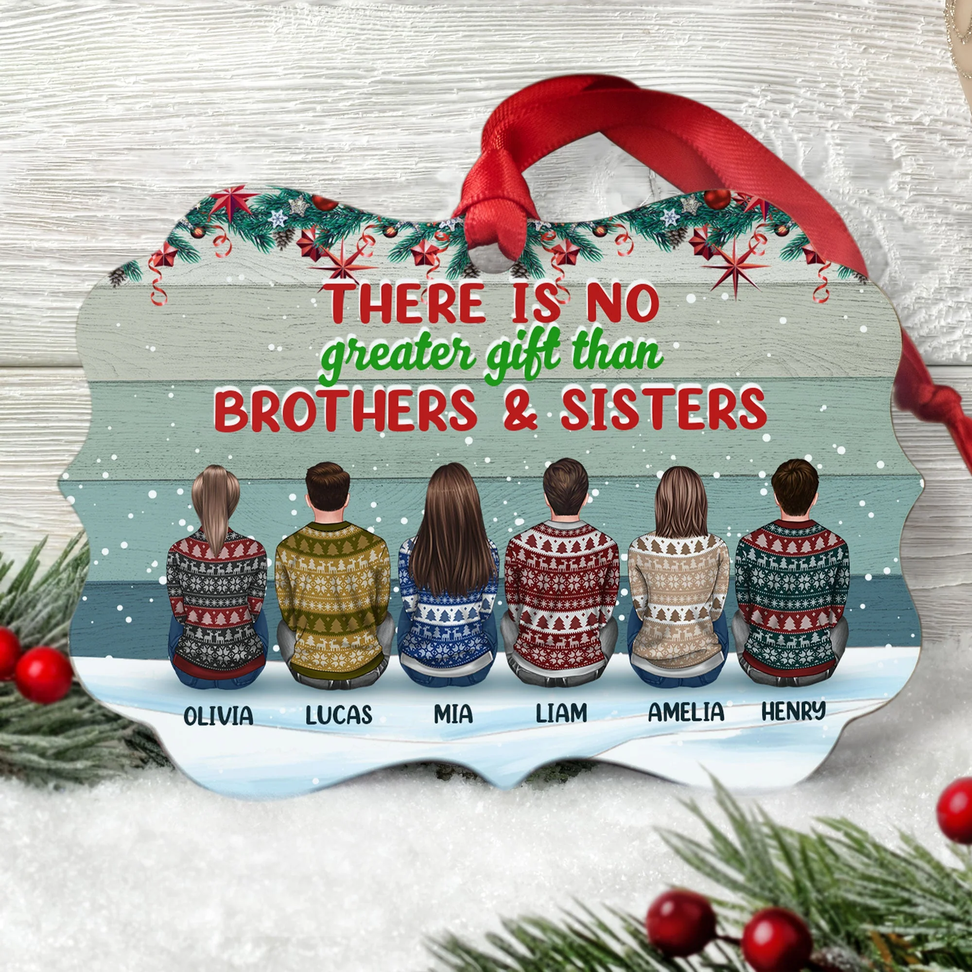 There Is No Greater Gift Than Brothers Sisters - Personalized Aluminum Friends Ornament - Ugly Christmas Sweater Sitting - Image 2