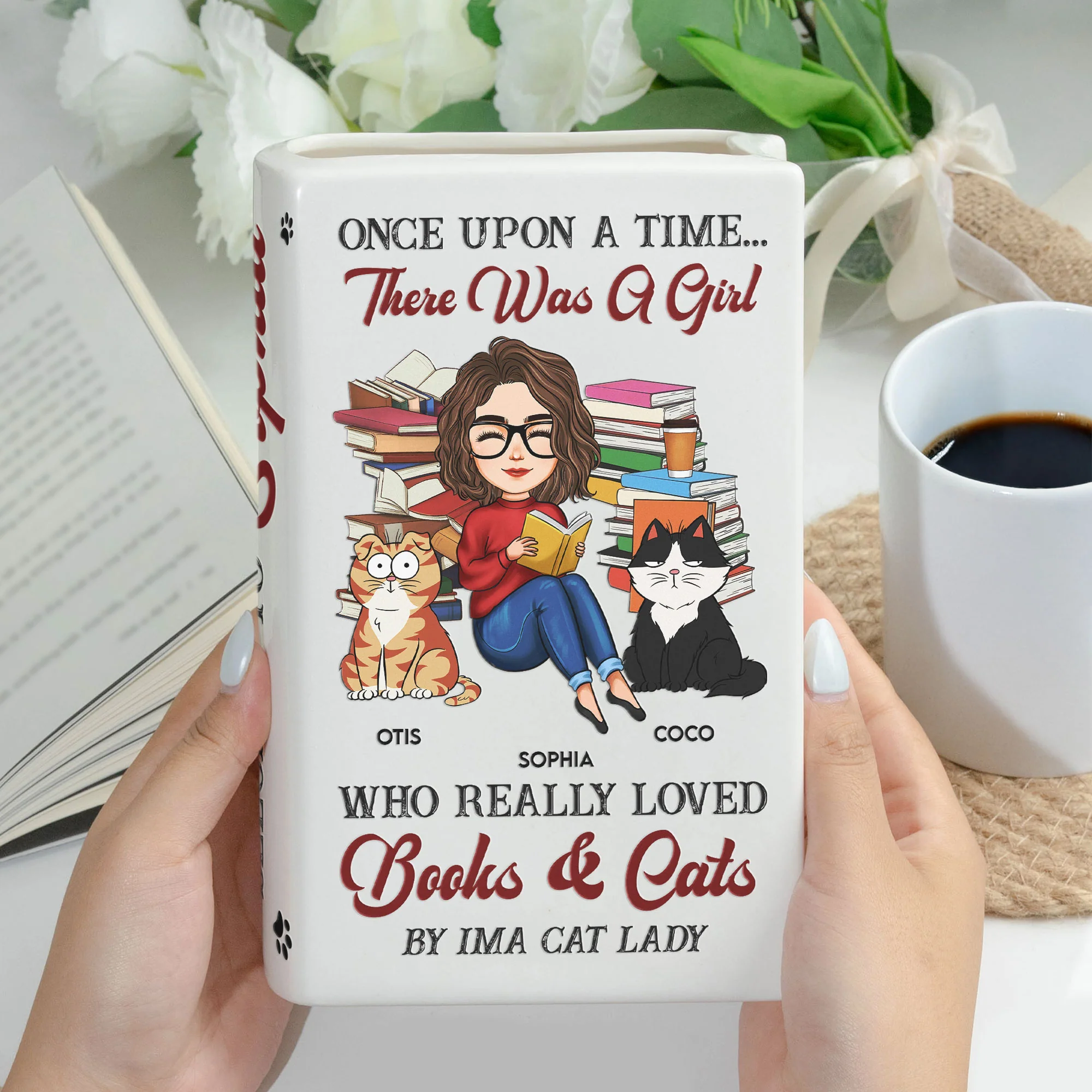 There Was A Girl Who Really Loved Books And Cats - Personalized Ceramic Book Vase - Image 3