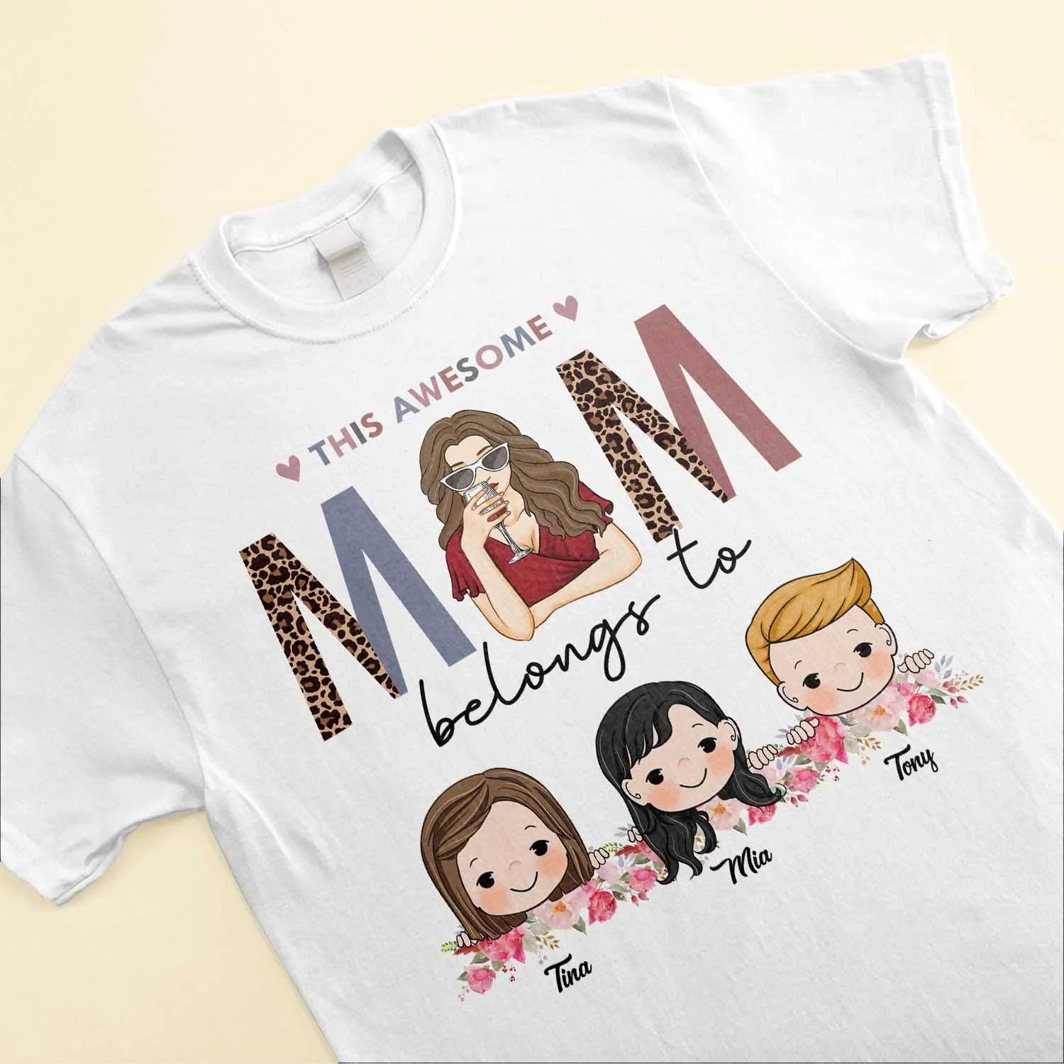 This Awesome Mom Belongs To - Personalized Shirt - Cute Kids Peeking - Image 3