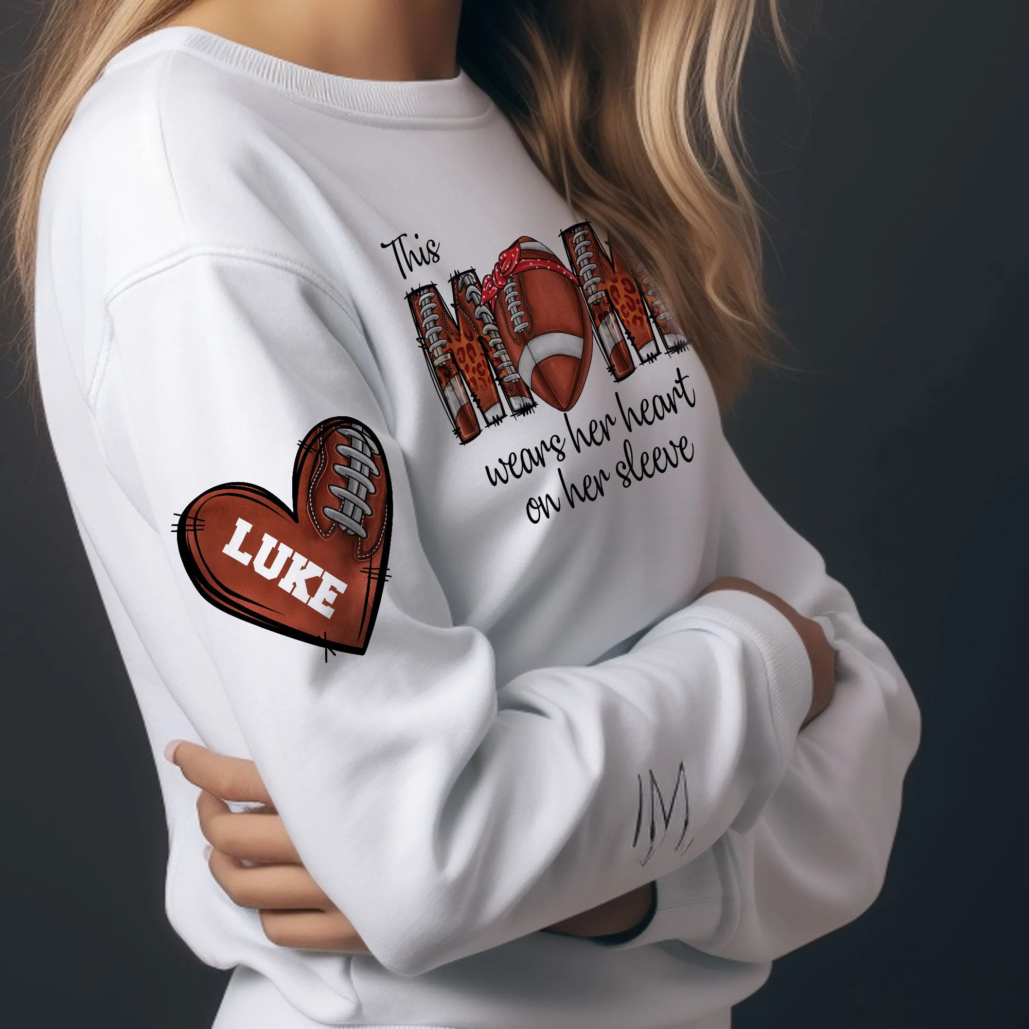 This Football Mom Wear Her Heart On Her Sleeve - Personalized Sweatshirt - Image 2
