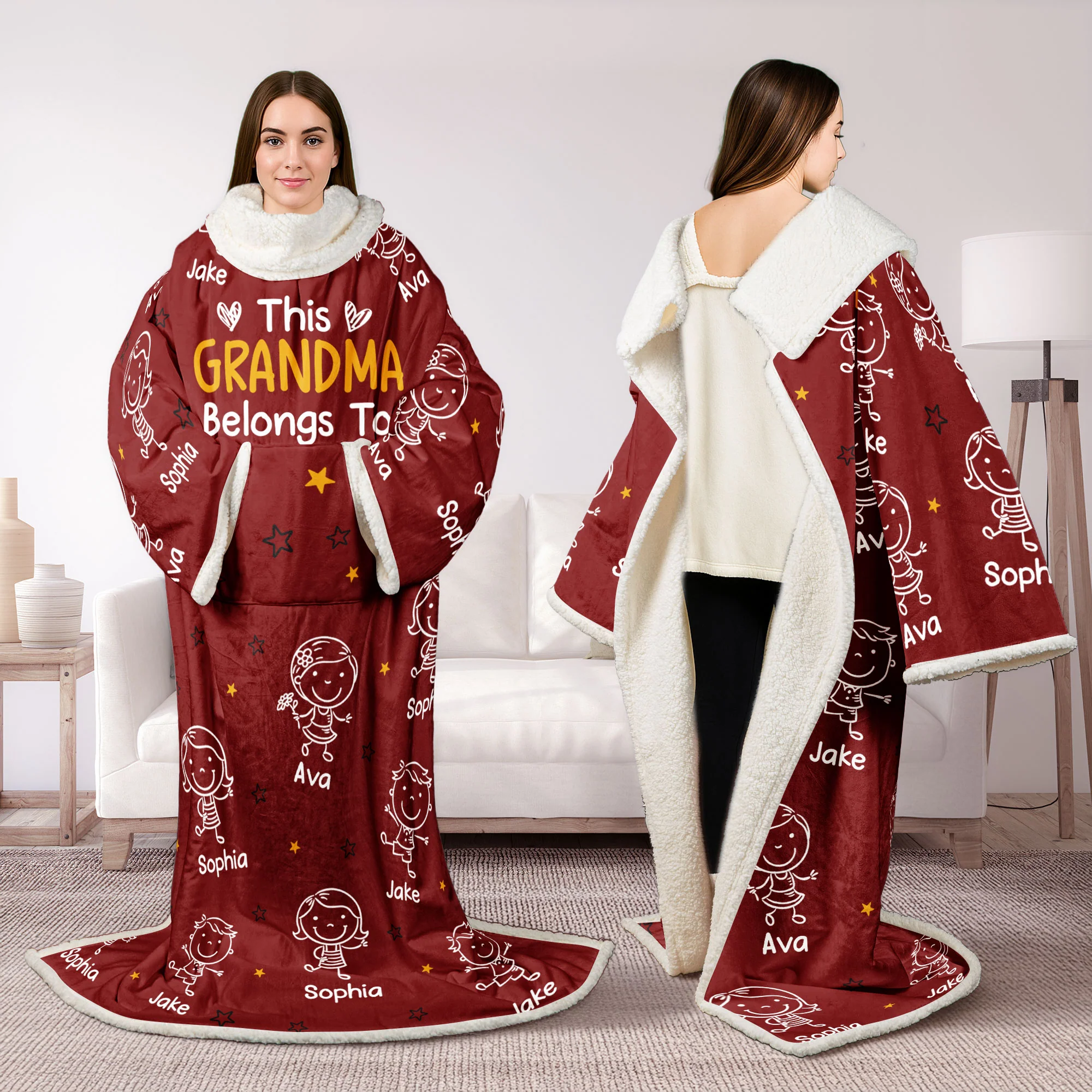 This Grandpa Grandma Belongs To - Personalized Wearable Blanket Hoodie With Sleeves - Image 3