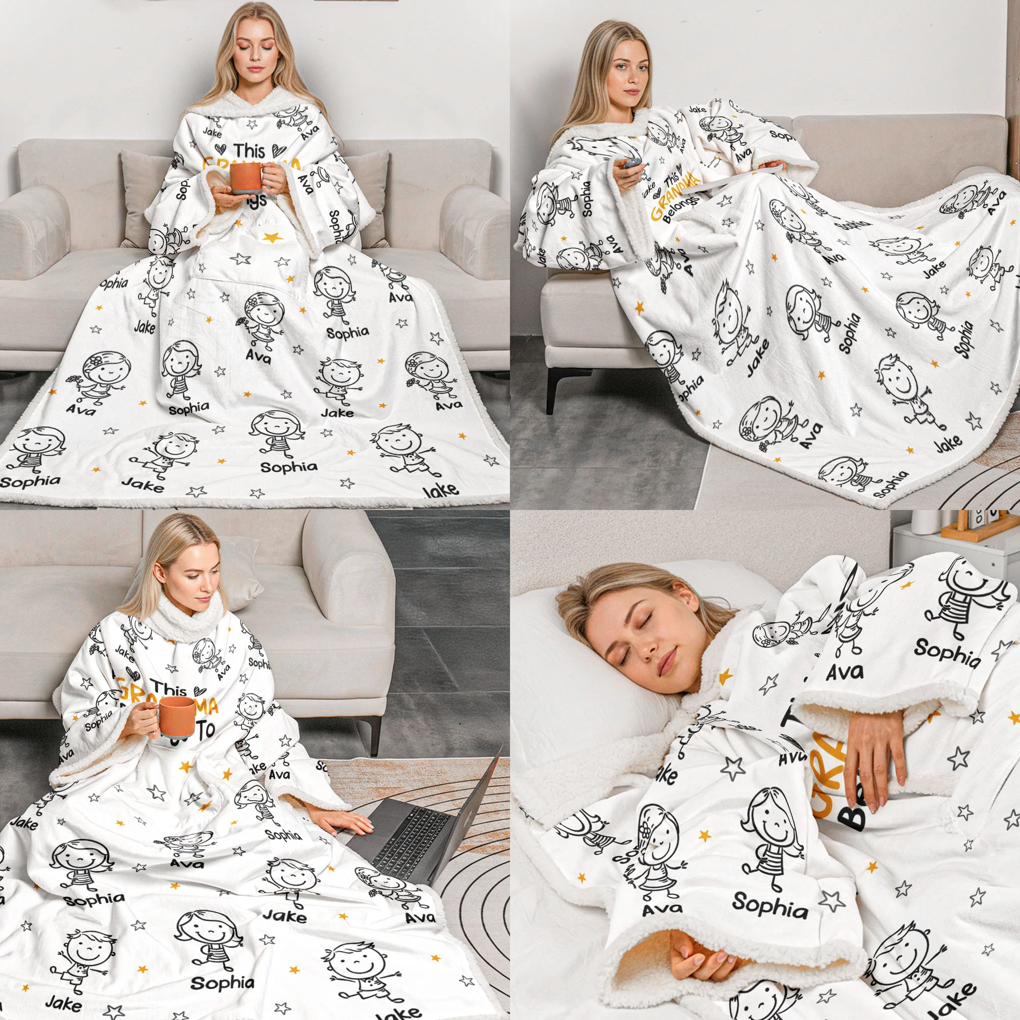 This Grandpa Grandma Belongs To - Personalized Wearable Blanket Hoodie With Sleeves - Image 4