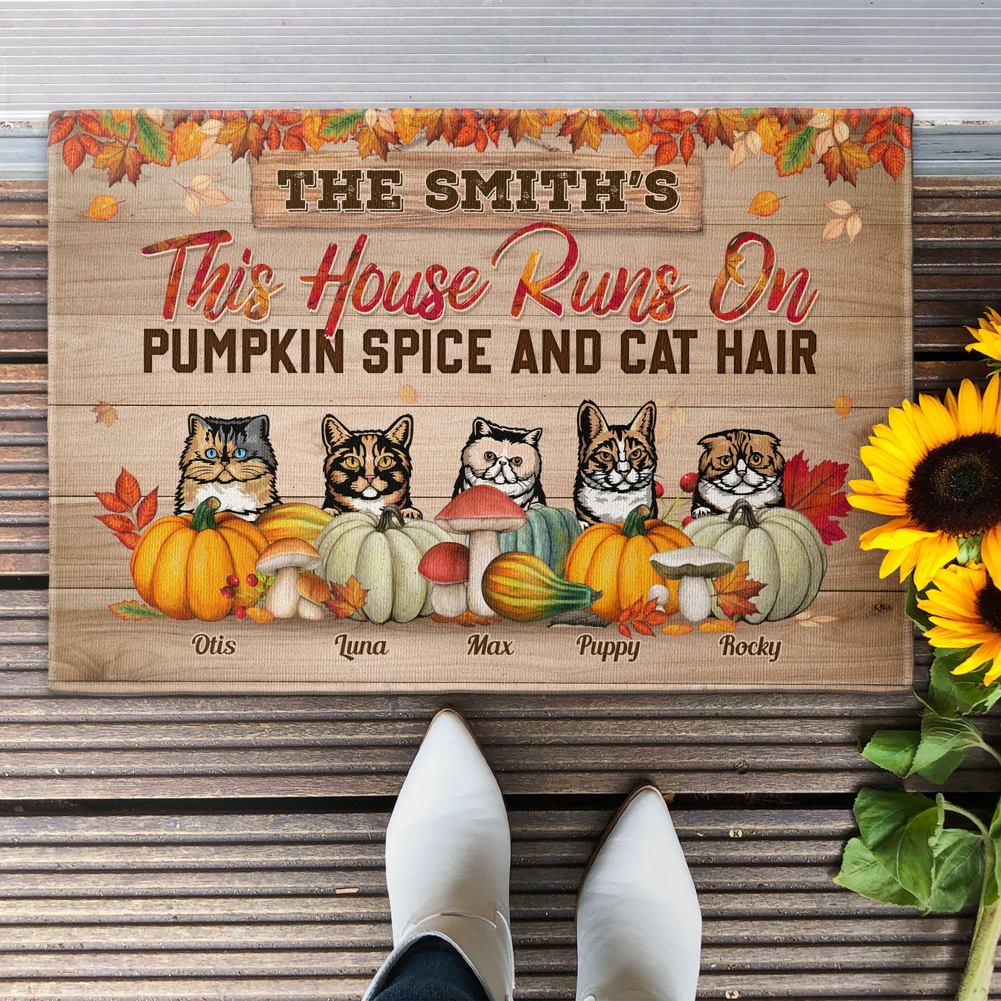 This House Runs On Pumpkin Spice & Cat Hair - Personalized Doormat - Fall Season Gift For Family, Dad, Mom, Grandpa, Grandma, Cat Owner, Cat Lover, Porch Decorations, Fall Rug - Image 2