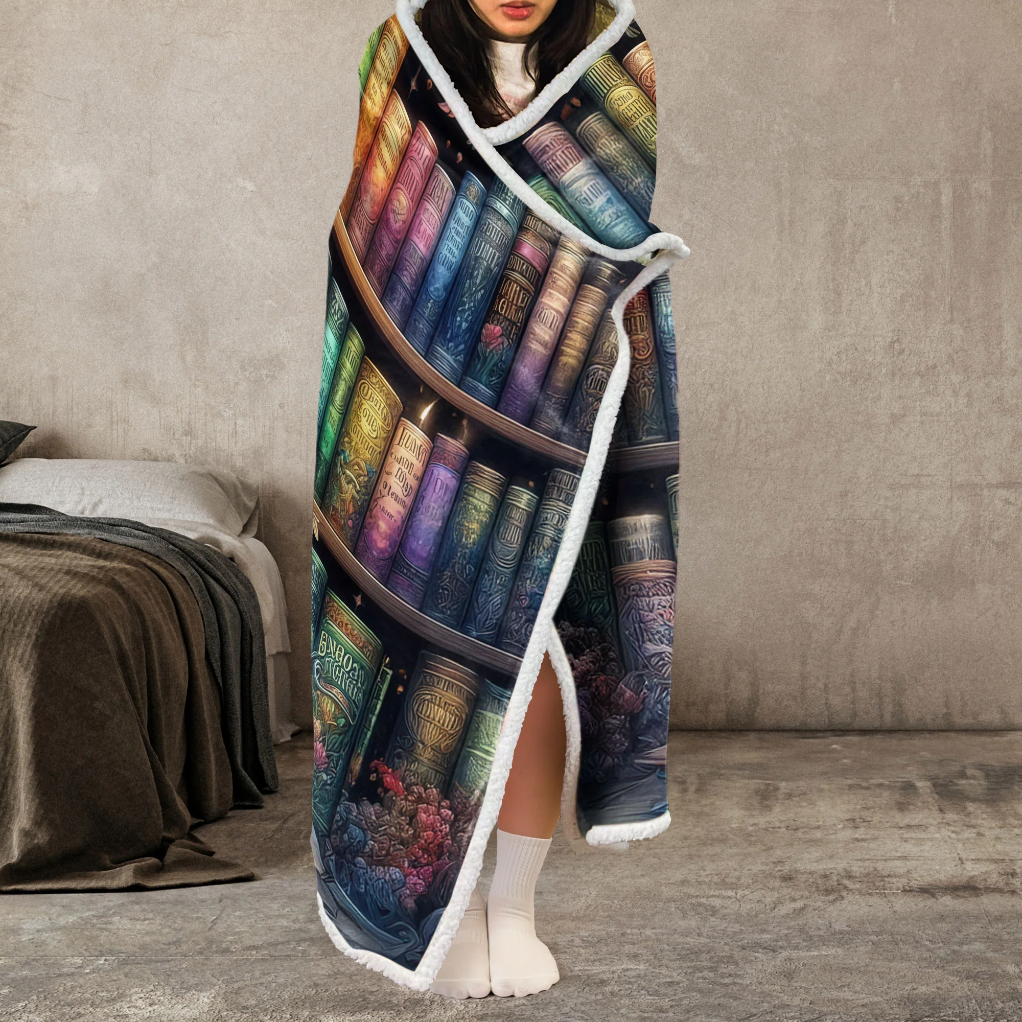 This Is My Reading Blanket, Fantasy Bookshelf - Personalized Wearable Blanket Hoodie - Image 3