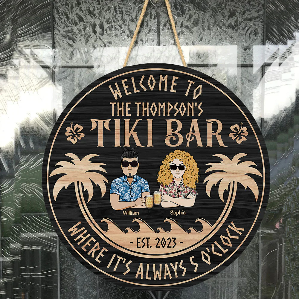 Tiki Bar Beach Couple Summer Tropical Pool Sign - Personalized Round Wood Sign - Image 2