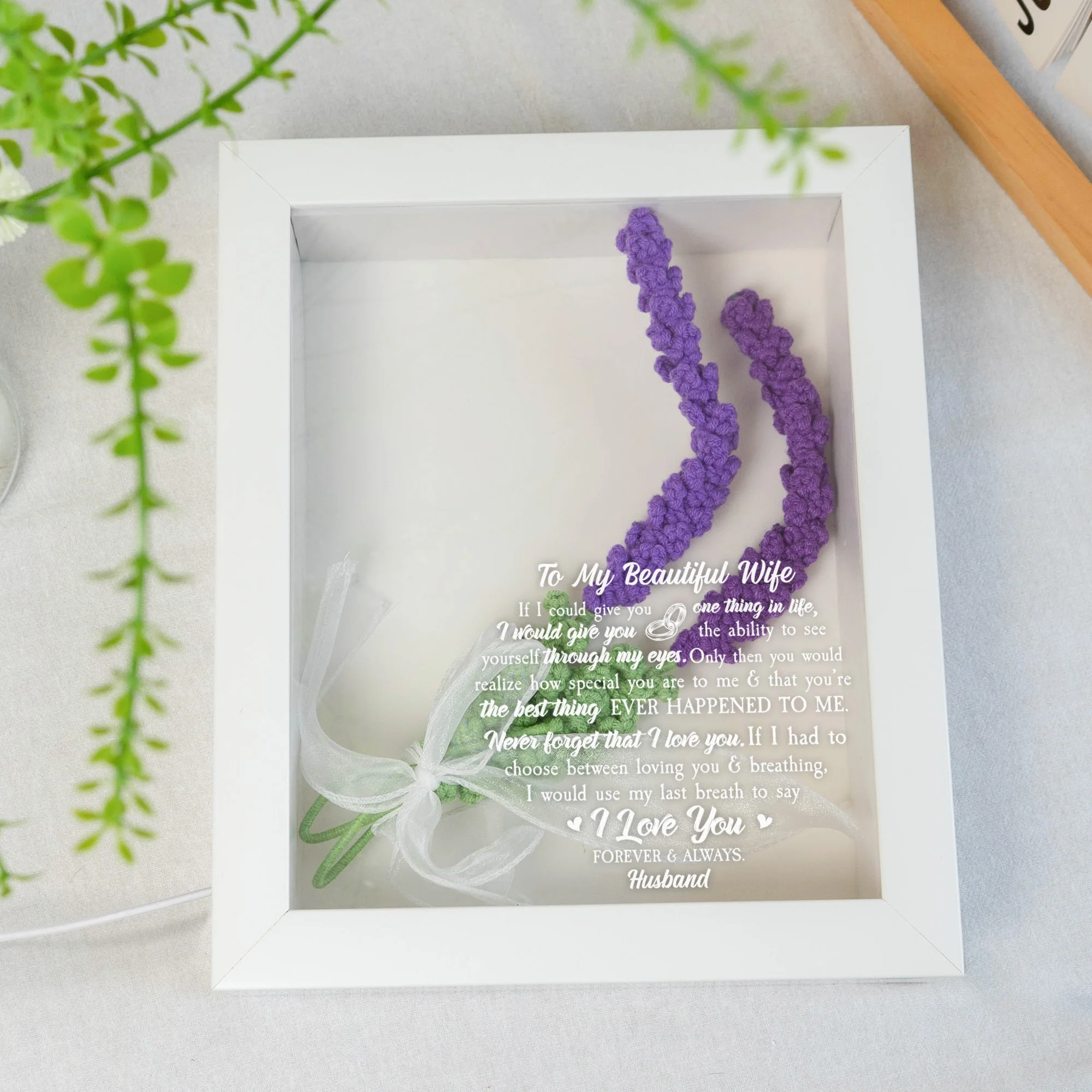 To My Beautiful Wife - Personalized Crochet Flower Shadow Box With LED Light - Image 2