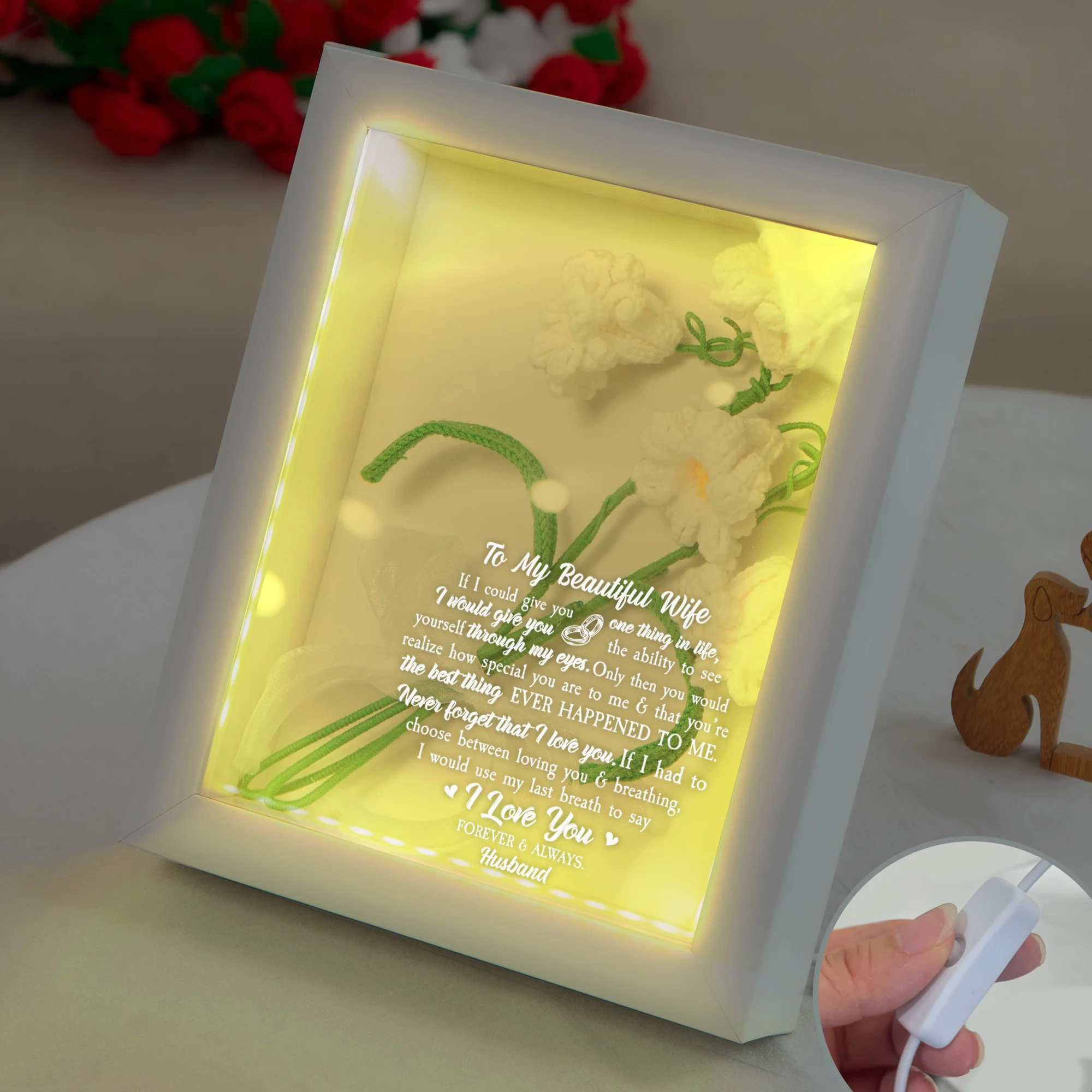 To My Beautiful Wife - Personalized Crochet Flower Shadow Box With LED Light - Image 5