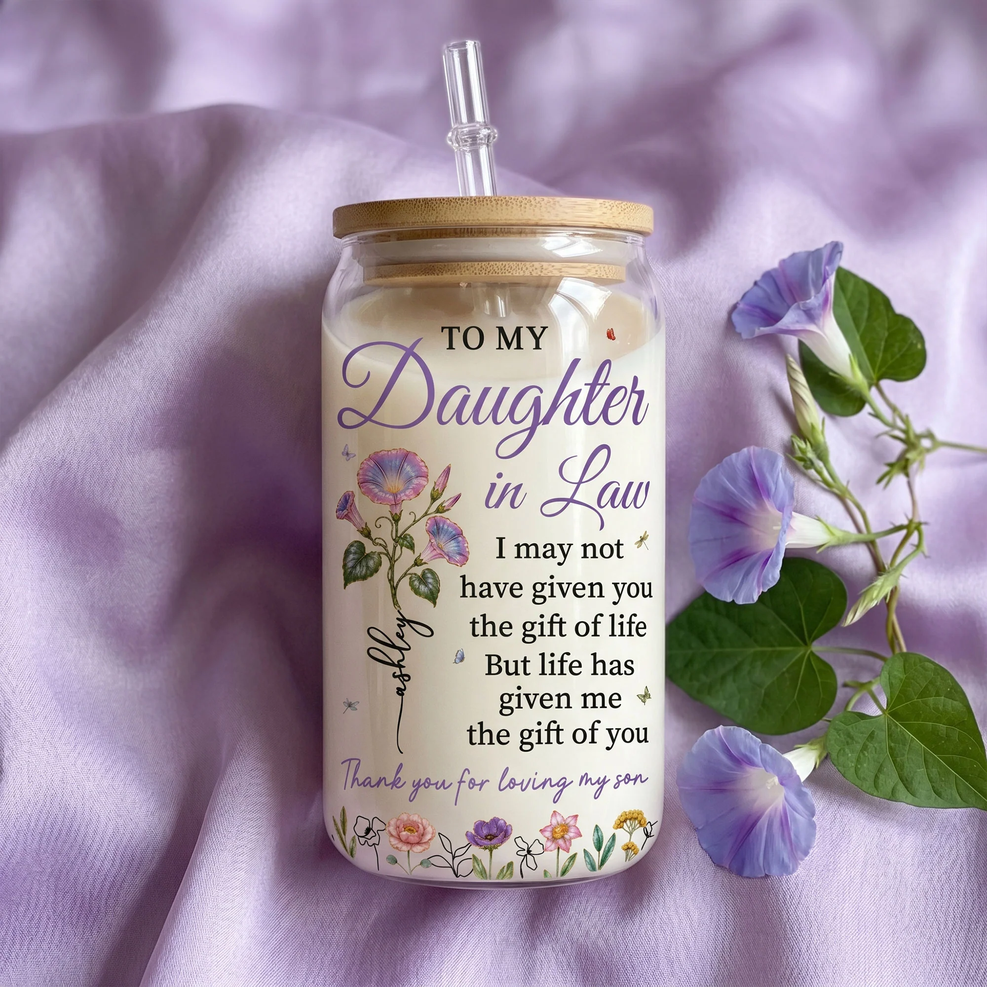 To My Daughter In Law Gift For Daughter-In-Law And Flower Lovers - Personalized Glass Cup - Image 2
