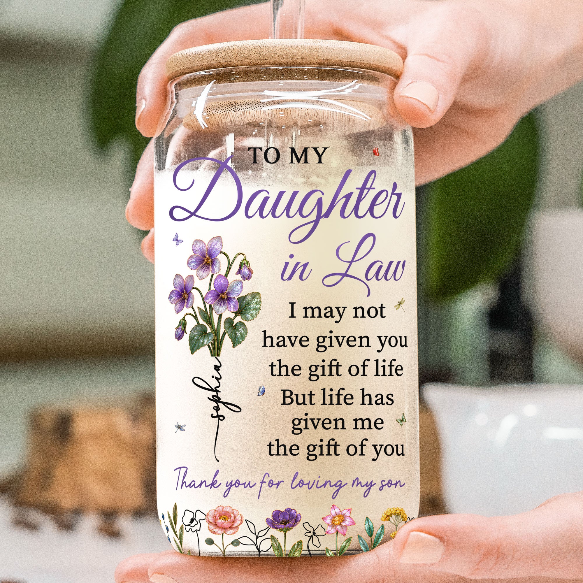 To My Daughter In Law Gift For Daughter-In-Law And Flower Lovers - Personalized Glass Cup - Image 3