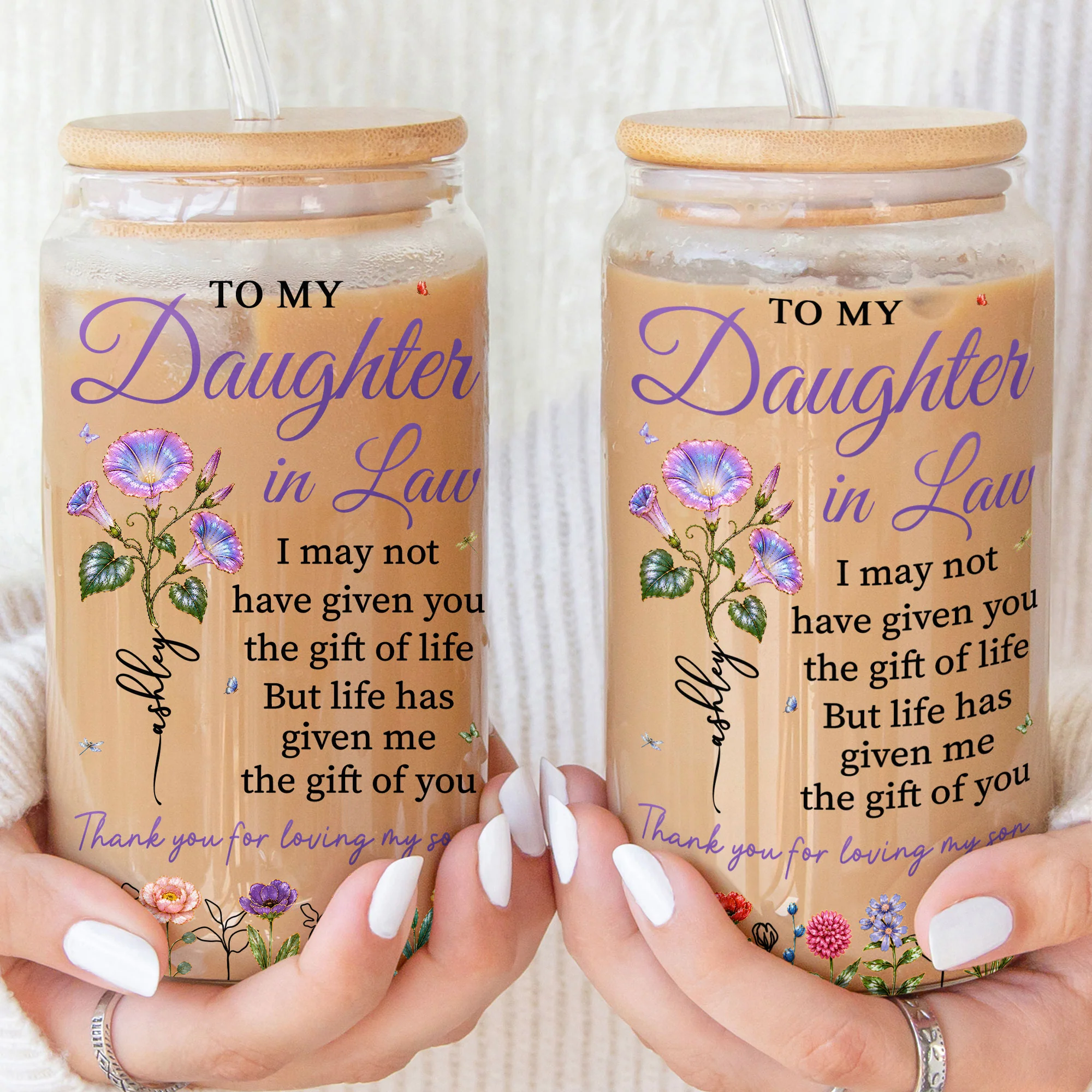 To My Daughter In Law Gift For Daughter-In-Law And Flower Lovers - Personalized Glass Cup - Image 4