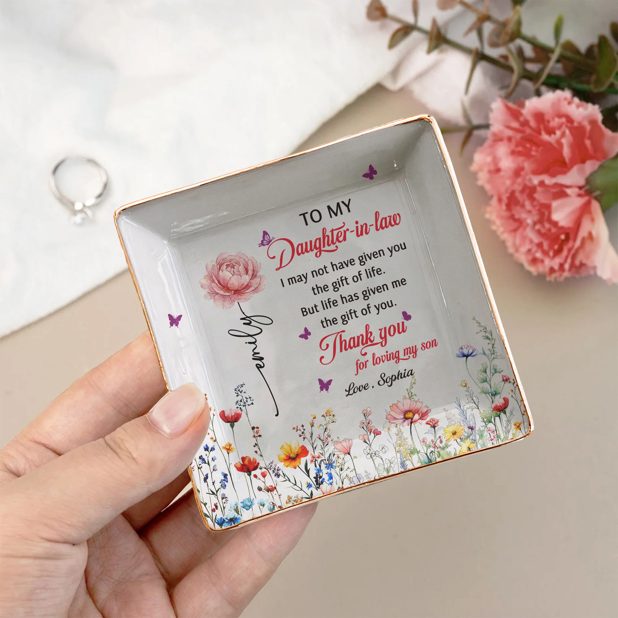 To My Daughter In Law Thank You For Loving My Son - Wedding Gifts From Mother-In-Law - Personalized Jewelry Dish - Image 3
