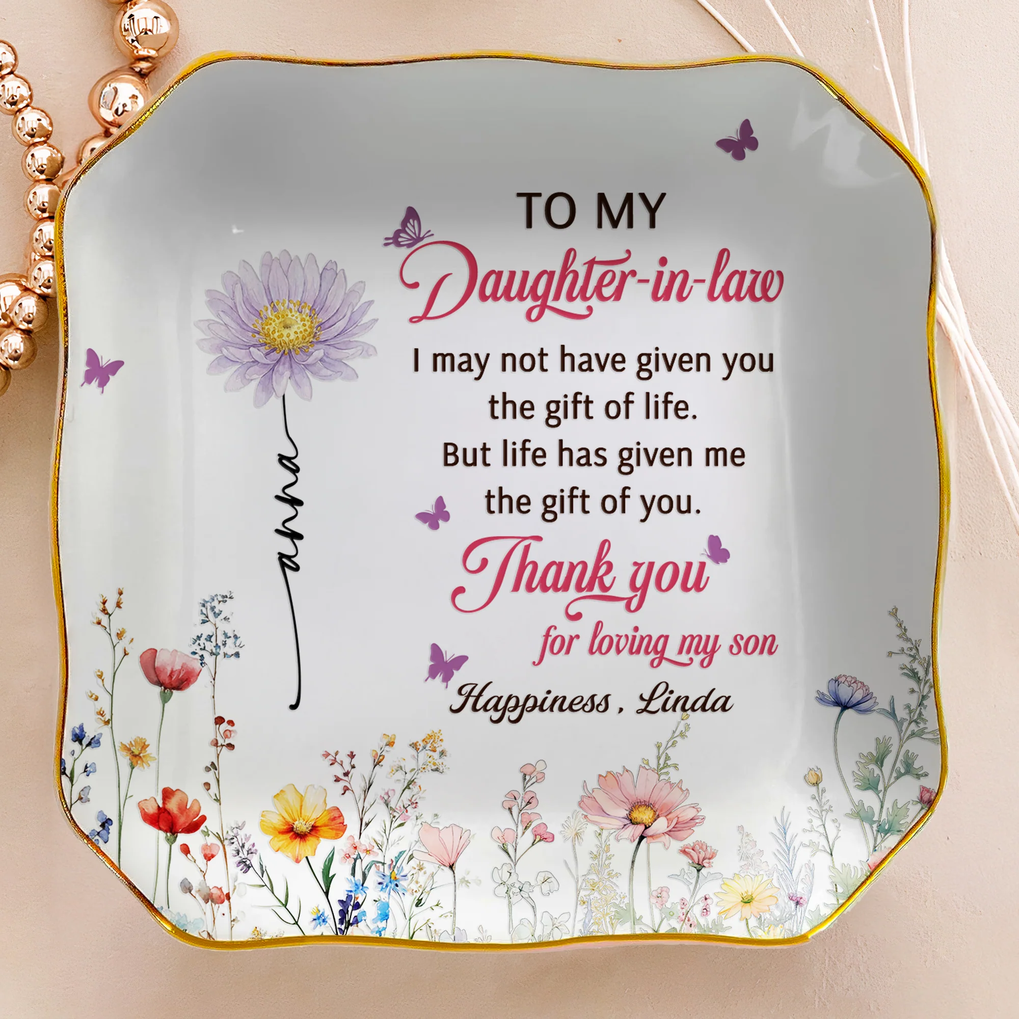 To My Daughter In Law Thank You For Loving My Son - Wedding Gifts From Mother-In-Law - Personalized Jewelry Dish - Image 5