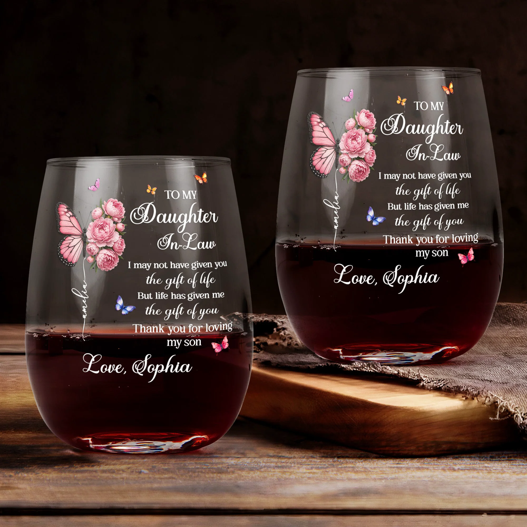 To My Daughter In Law Thank You For Loving My Son - Wedding Gifts From Mother-In-Law - Personalized Wine Glass - Image 2