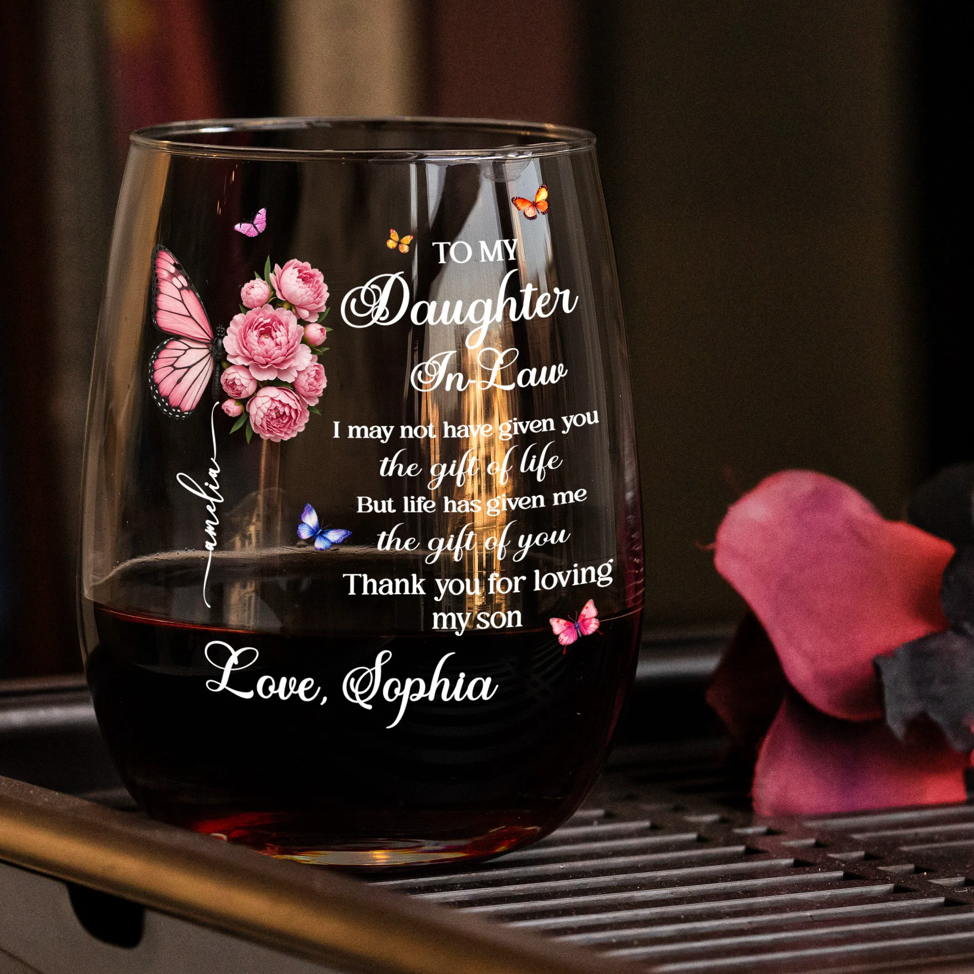 To My Daughter In Law Thank You For Loving My Son - Wedding Gifts From Mother-In-Law - Personalized Wine Glass - Image 3