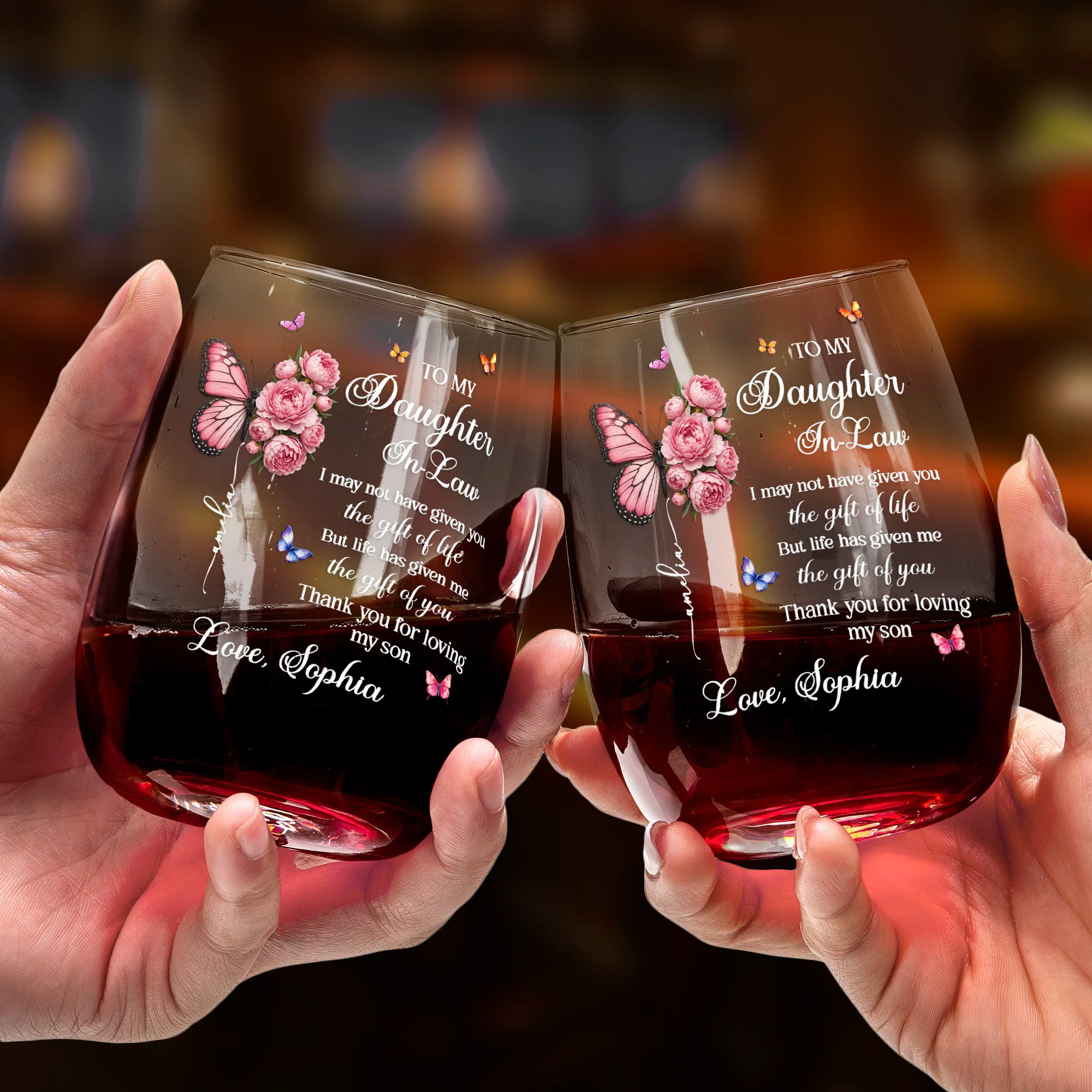 To My Daughter In Law Thank You For Loving My Son - Wedding Gifts From Mother-In-Law - Personalized Wine Glass - Image 4