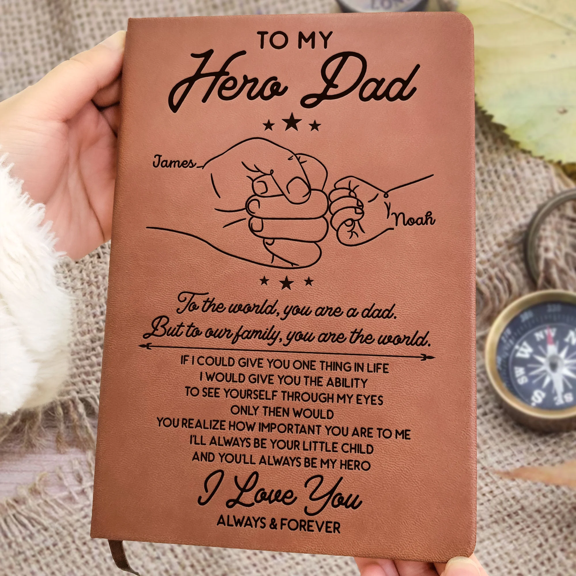 To My Hero Dad To Our Family You Are The World - Personalized Leather Journal - Image 2