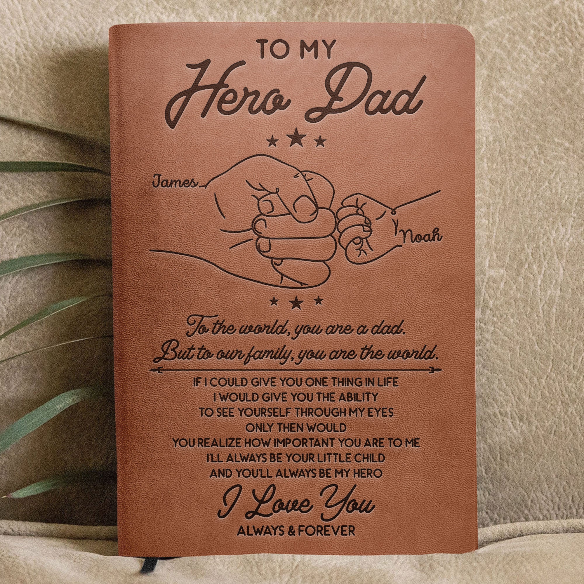 To My Hero Dad To Our Family You Are The World - Personalized Leather Journal - Image 3