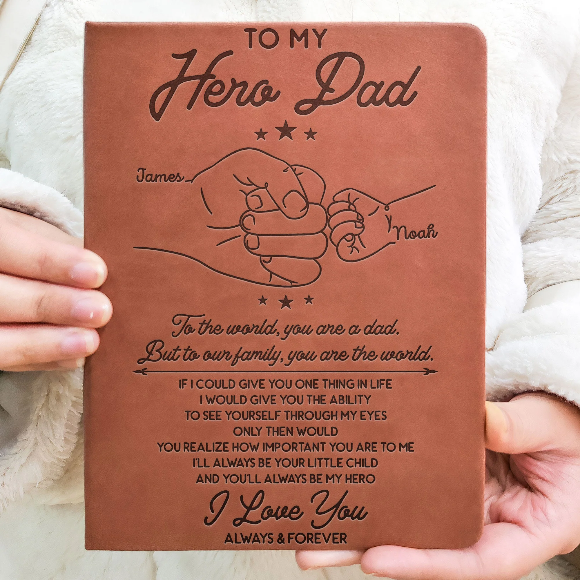 To My Hero Dad To Our Family You Are The World - Personalized Leather Journal - Image 4